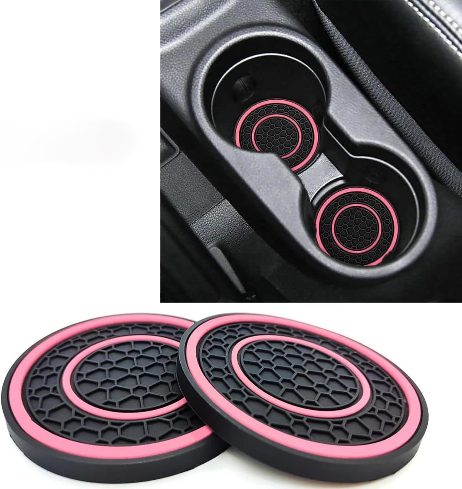 2Pcs Car Cup Holder Coasters for Kia Niro EV 2018-2020 2021 2022 2023 2024 2025 DE, Anti Slip Silicone Mats with Double Color Ring, Honeycomb Texture Noise Reduction and Quick Returning Soft Pad