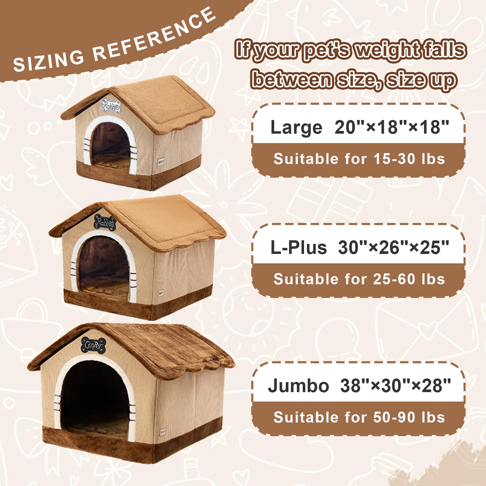 Jiupety Caseta de perro para interior con marco, cama grande de cueva para perros, aislada y acogedora, adecuada para 11-27 kg, grande Plus (76 cm × 66 cm × 64 cm), marrón