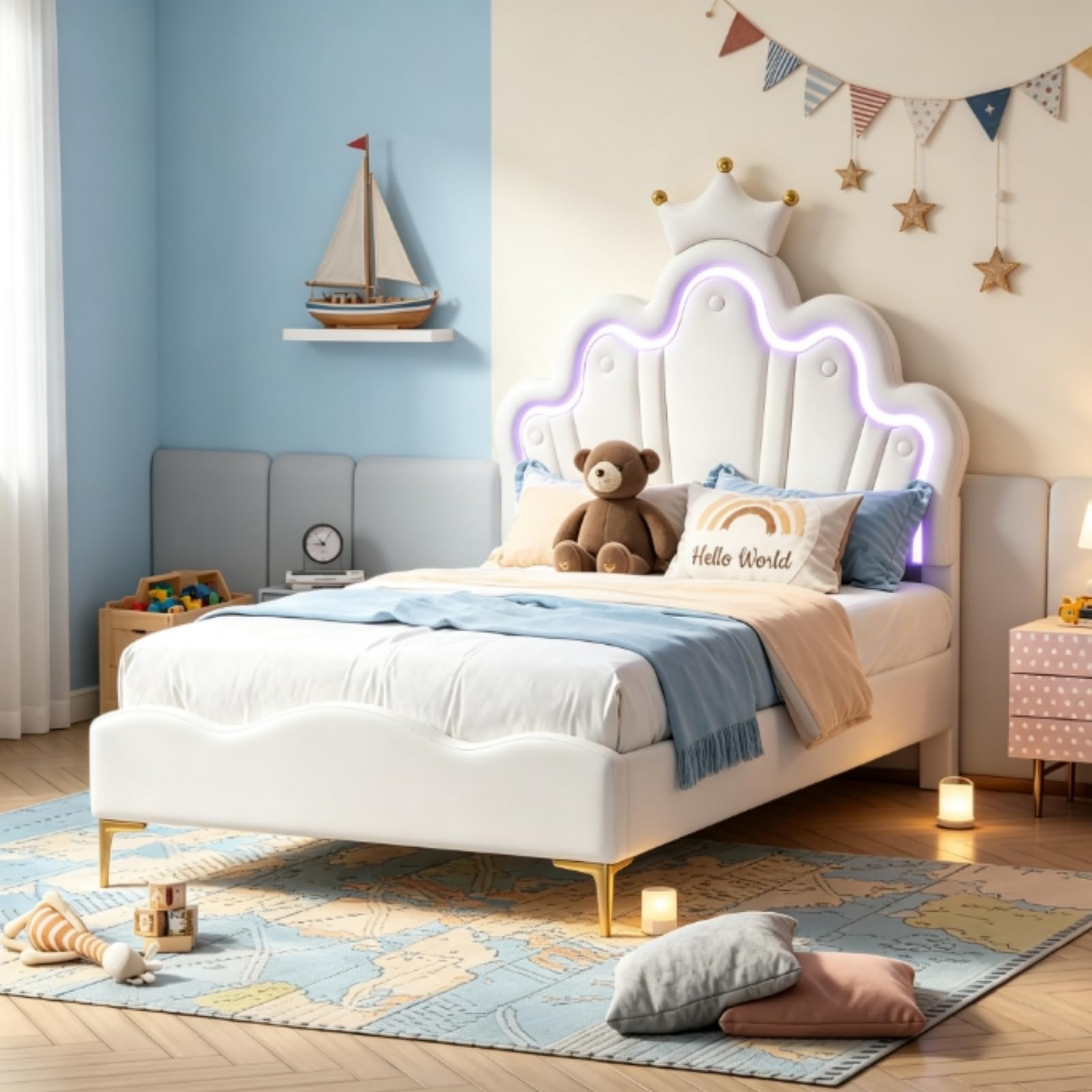 90x190 White PU Princess Bed with Wood Slats,Upholstered Girls Bed with LED