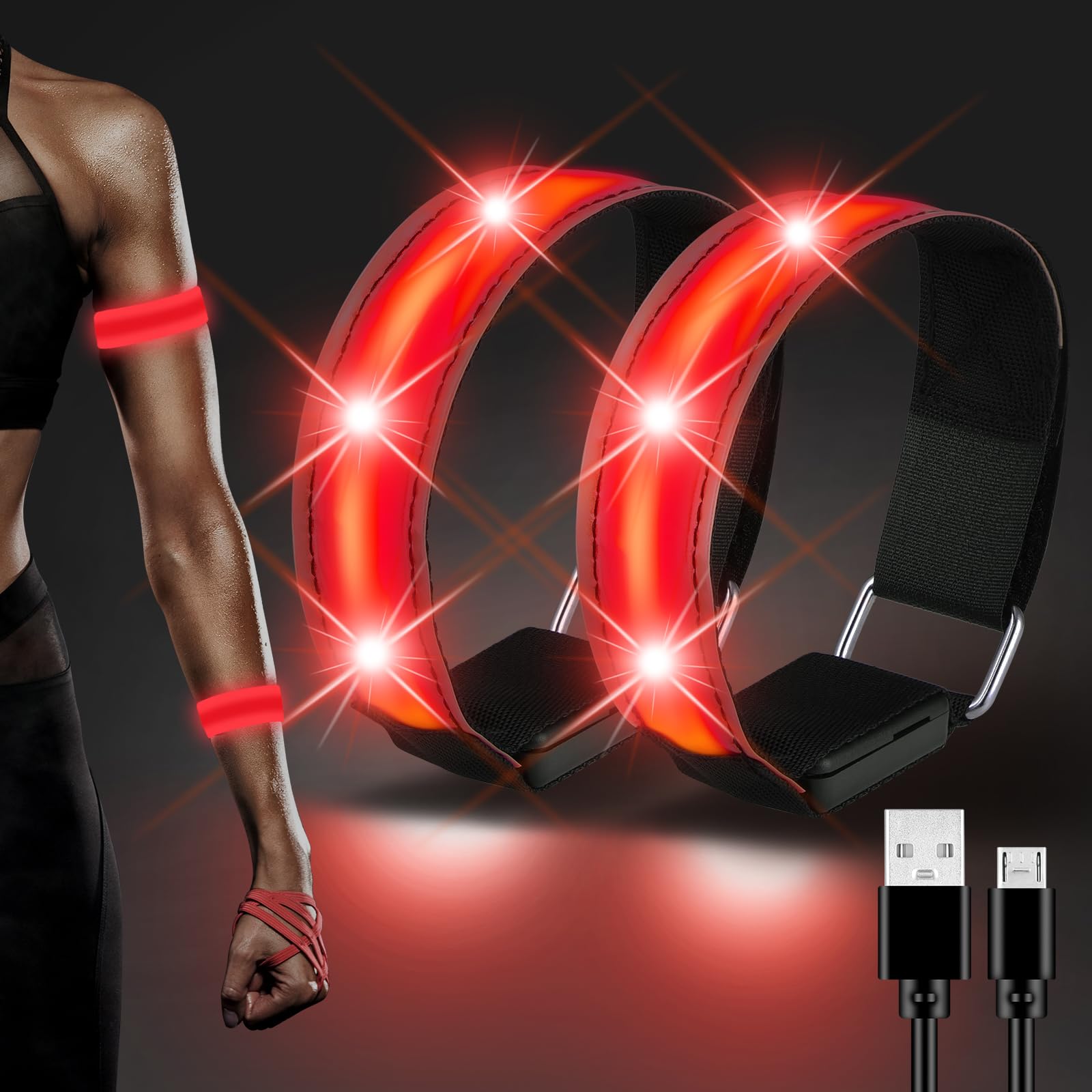 JIZZU LED Bracciale Ricarica USB 2 Pezzi Riflettenti Alta Visibilità Ciclismo Jogging