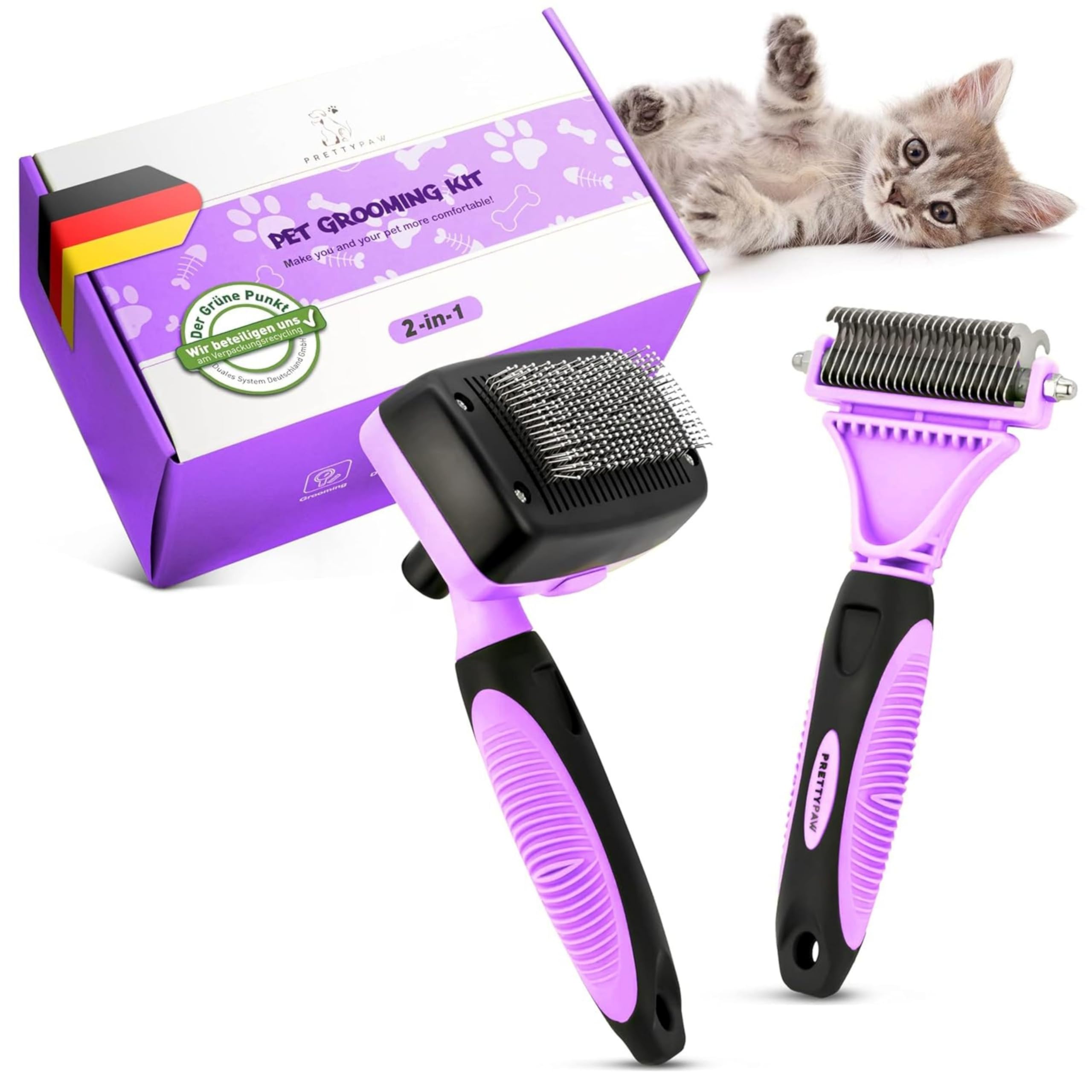Pretty Paw Cepillo para gatos - Set de cepillado 2 piezas con carda y peine fino, cuidado suave durante la muda (Lavanda)