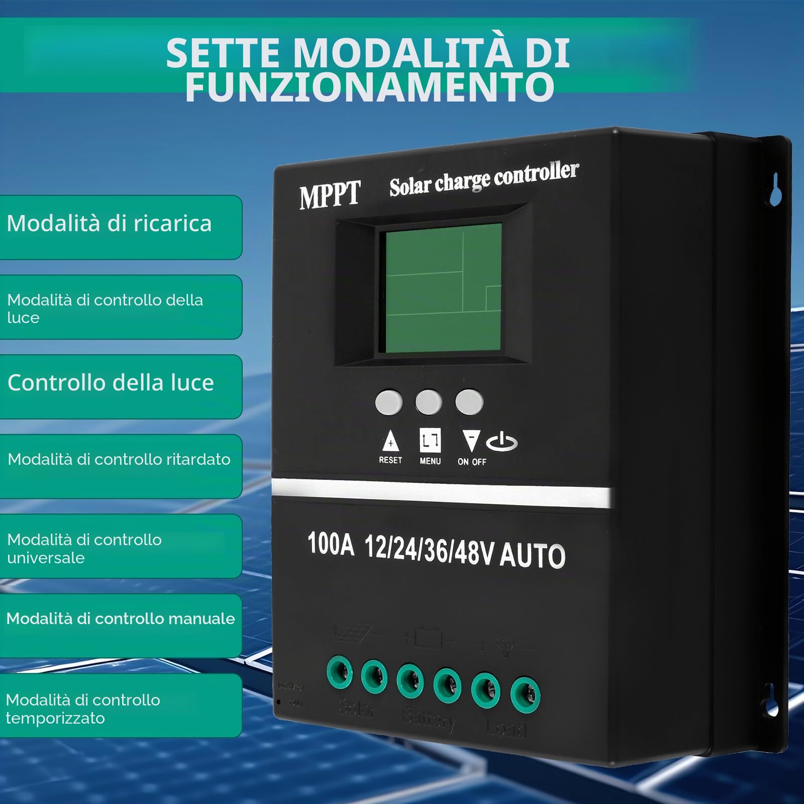 Regolatore di carica solare MPPT da 100 A, 12 V, 24 V, 36 V, 48 V, USB, display LCD con ingresso massimo 100 V, regolatore solare 12 V, mppt 100 A, per piombo-acido/litio per tutti i tipi di