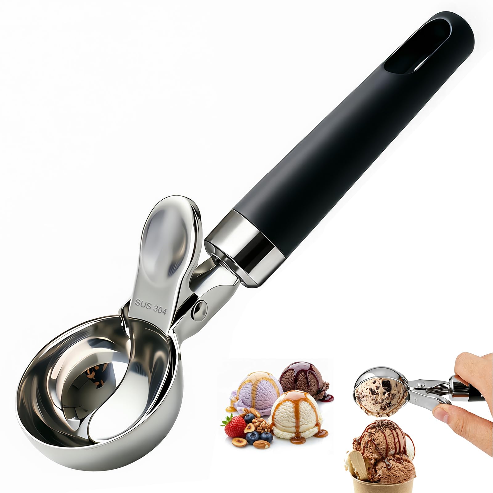 Porzionatore per Gelato in Acciaio Inox 21 cm - Cucchiaio per Gelato con Grilletto e Impugnatura Comoda, Antiadesivo