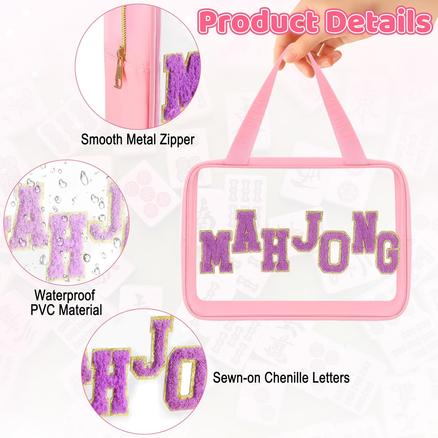 URSKYTOUS Empty Mahjong Tile Bag with Zipper American Mahjong Bag Letter Embroidery Thickened PVC Waterproof Storage Clear Case Only for Tiles Lovers Travel Game Party Accessories Gifts Pink