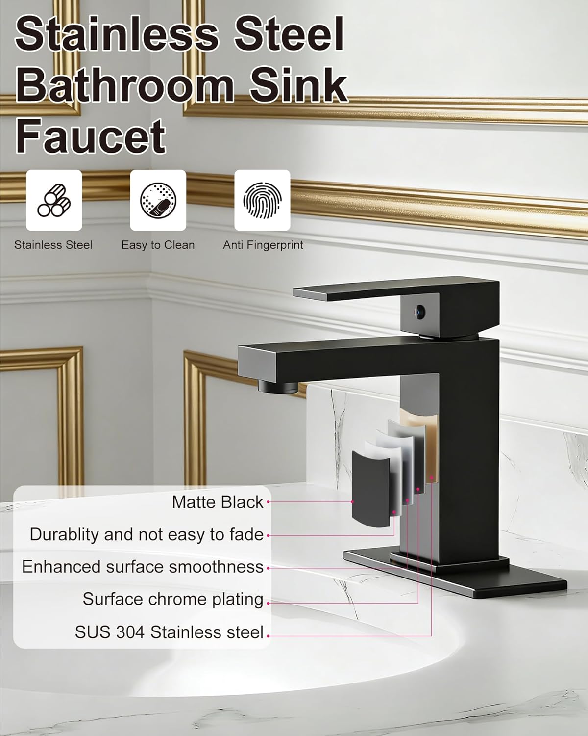 Midanya Bathroom Faucets 1 Hole, Single Handle Stainless Steel Bathroom Sink Faucet, Modern Vanity Faucets with Deck Plate,Water Supply Hoses and Pop Up Drain,Matte Black - Image 8
