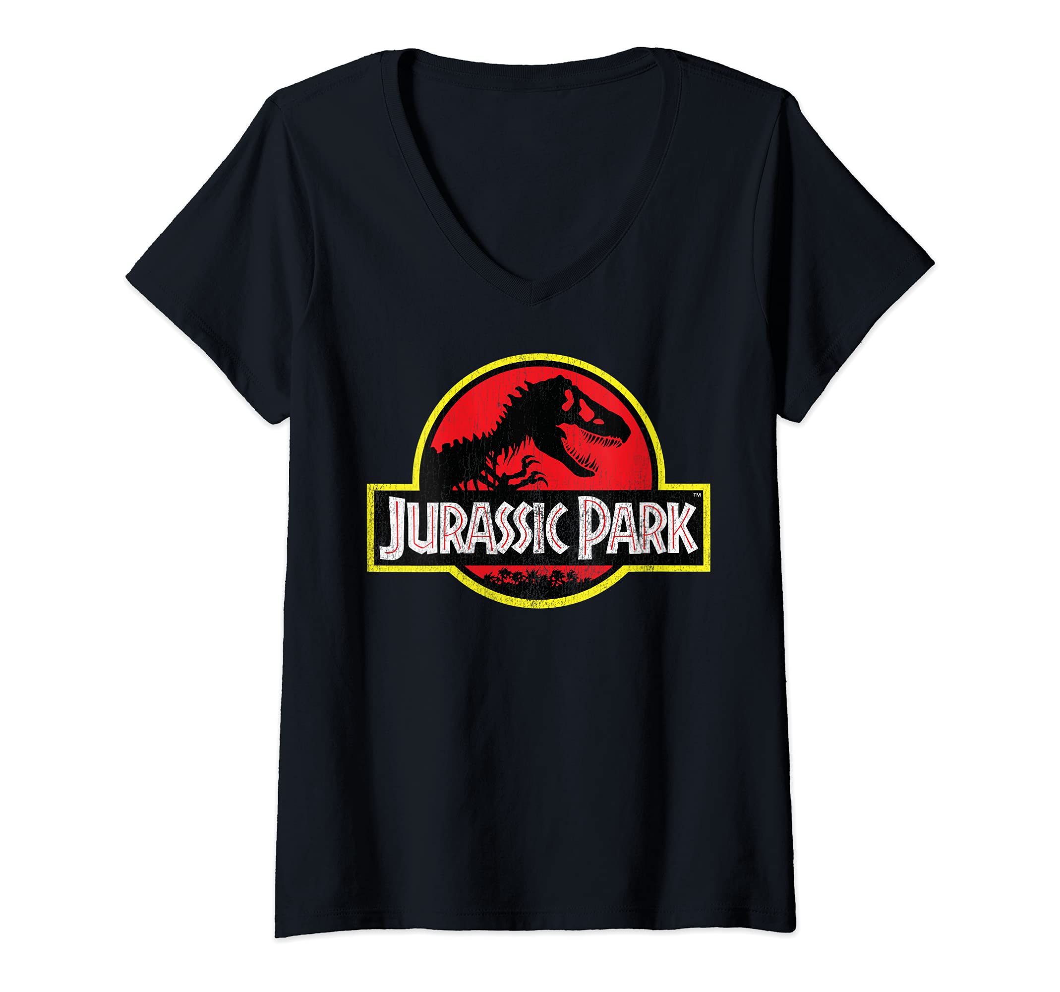 Jurassic ParkWomens Jurassic Park Distressed Vintage Logo V-Neck T-ShirtOEKO-TEX STANDARD 100