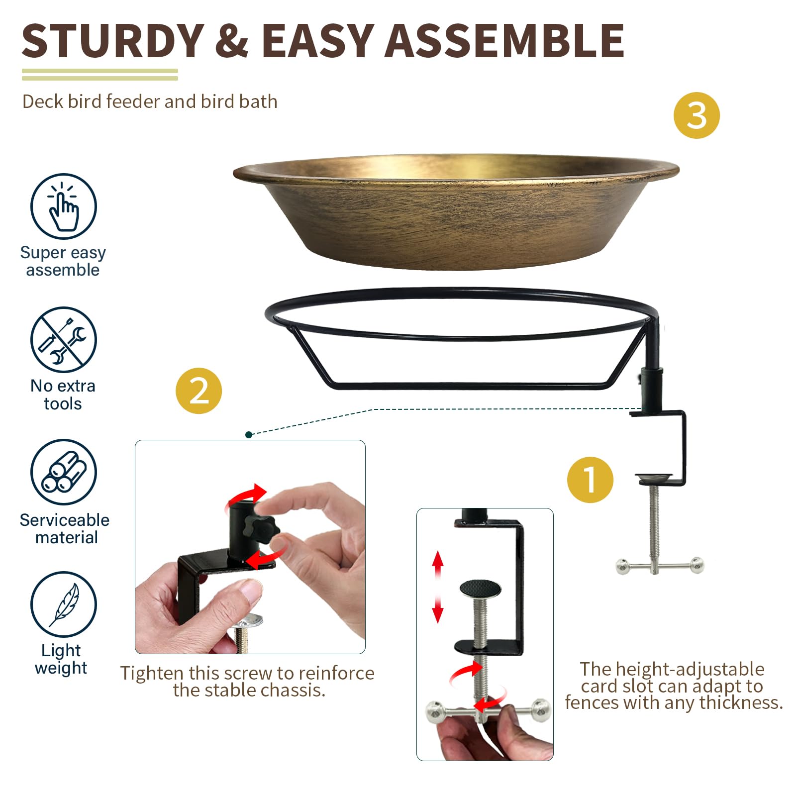 WANGIRO Baño para pájaros montado en cubierta para exteriores, cuenco desmontable para pájaros con abrazadera resistente, fácil de instalar, comedero para pájaros al aire libre para terrazas, jardín