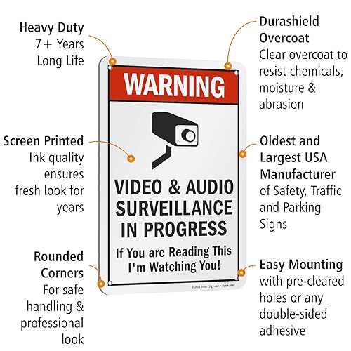 Vista 11 de SmartSign Letrero de metal con texto en inglés "Warning - Video And Audio Surveillance In Progress, If You Are Reading This I'm Watching You