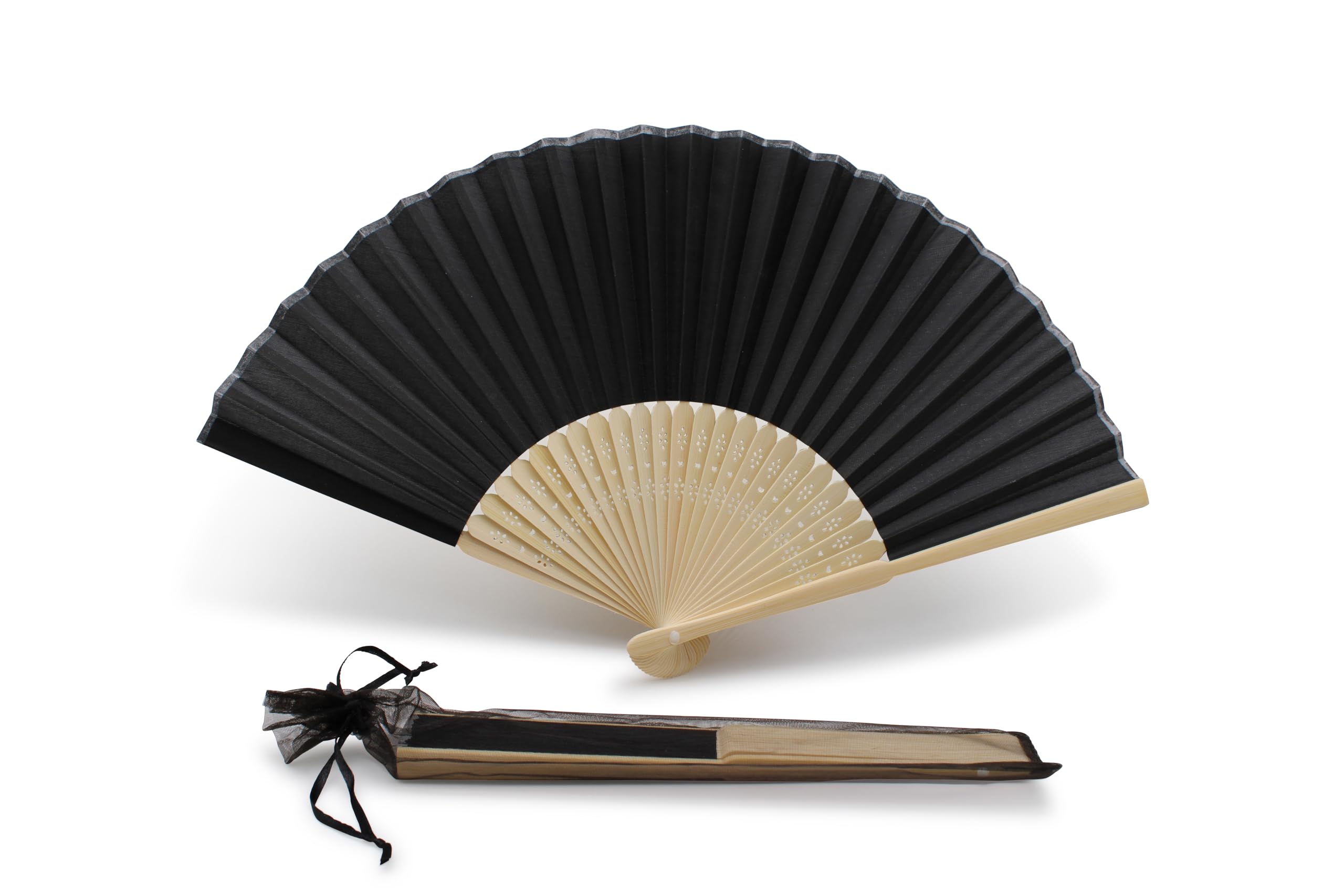 OLILLY Pack de 50 abanicos de tela negra para boda + bolsa individual de organza negra – ¡Diviértete a tus invitados! (50, Negro)
