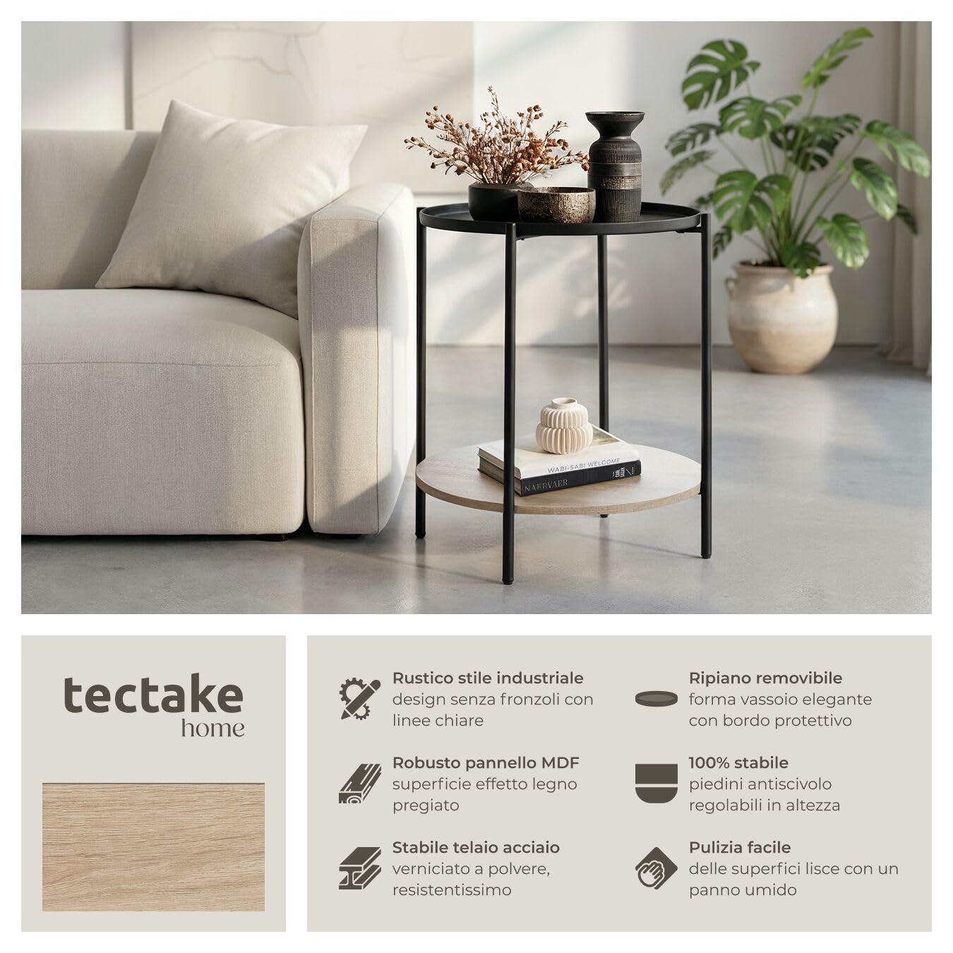 tectake® Tavolino Salotto Tondo 45,5x54,5cm, Tavolino da Divano o Comodino Stretto, Ripiano Vassoio, Soggiorno, Casa, Ufficio per Libri, Lampade, Computer Portatile, Bevande - Legno Industriale Chiaro