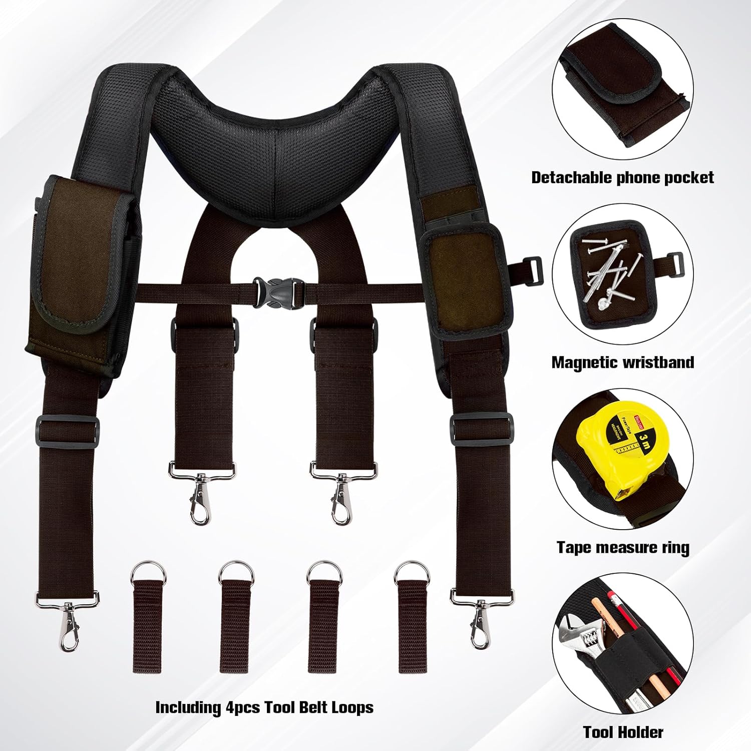 Tool Belt Suspenders for Men, Adjustable Padded Carpenter Tool Belt with Magnetic WristBand Multifunctional Pouch Pocket for Construction Workers (Brown) - Image 3