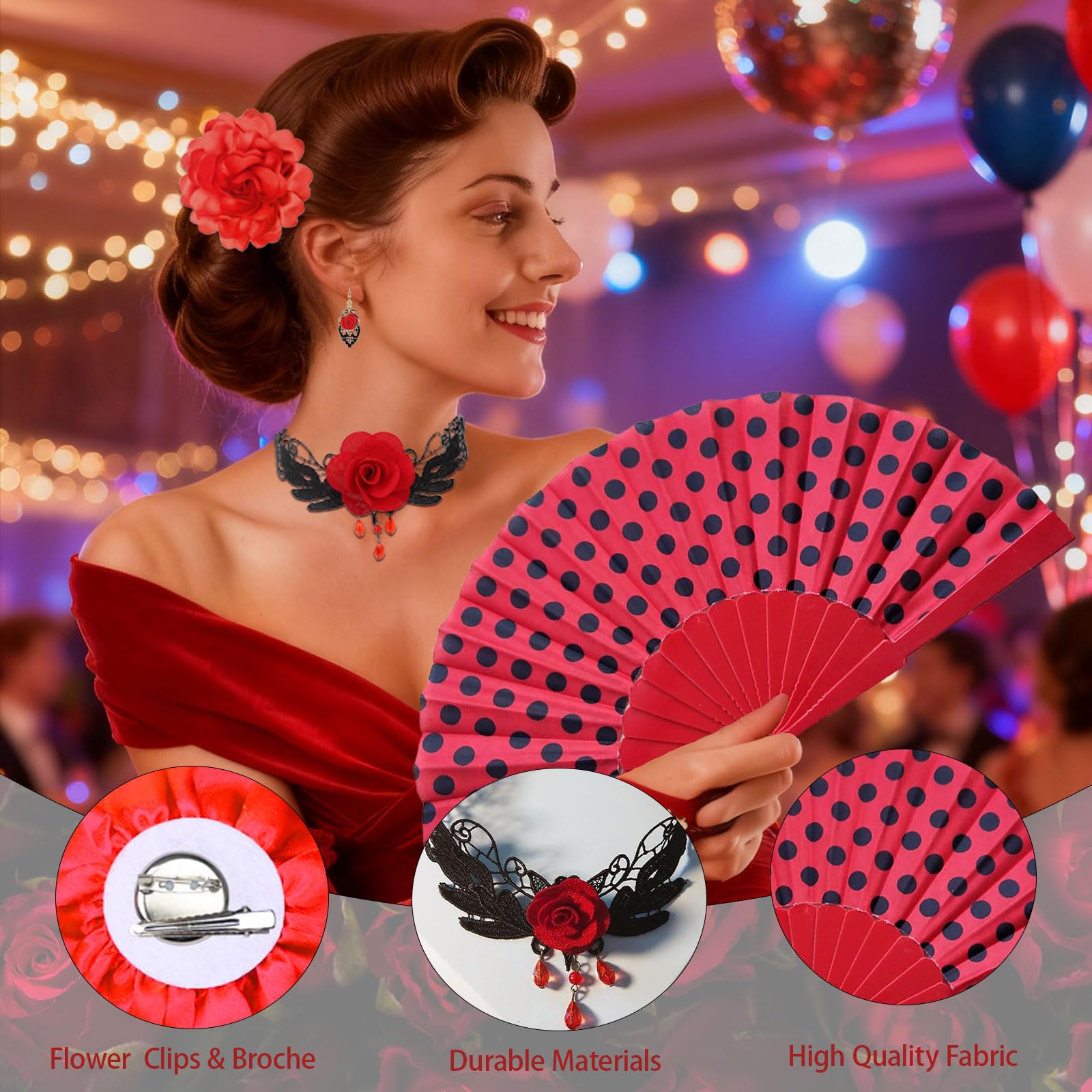 4 szt. Rose Flower Flamenco akcesoria dla kobiet dziewczyn składany fan Choker kolczyki Rose kwiat spinka do włosów tancerka kostium dla kobiet z lat 20. Halloween