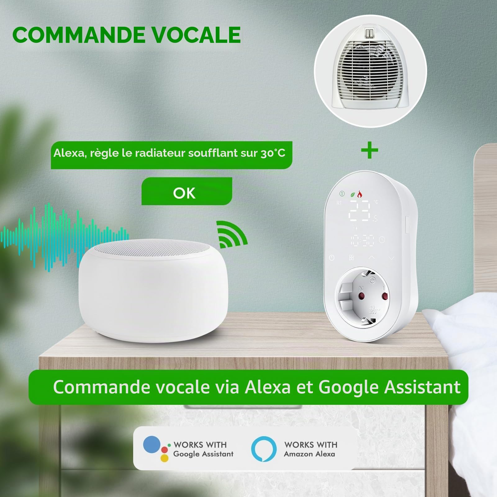 Thermostat de Prise Wi-FI, 220V 16A programmable avec Modes Chauffage et Refroidissement Affichage numérique LED Compatible avec Smart Life/Alexa/Google Assistant