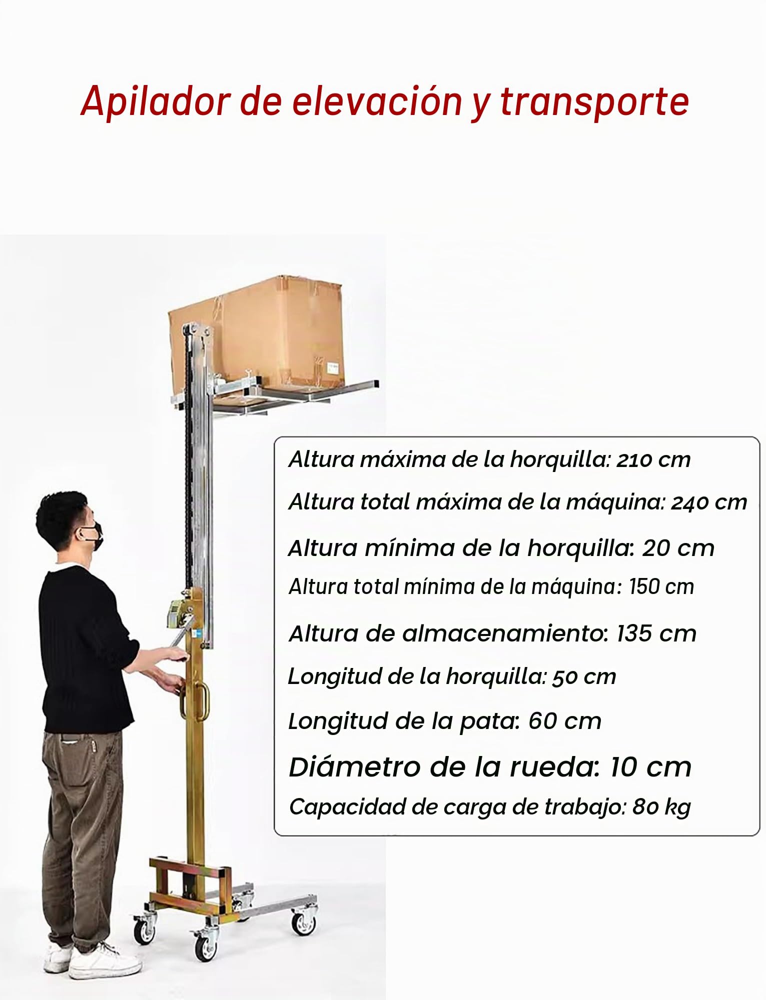 Apilador manual - Carretilla elevadora de acero galvanizado for garaje y almacén, capacidad de 80 kg, carretilla elevadora de manivela de alta resistencia