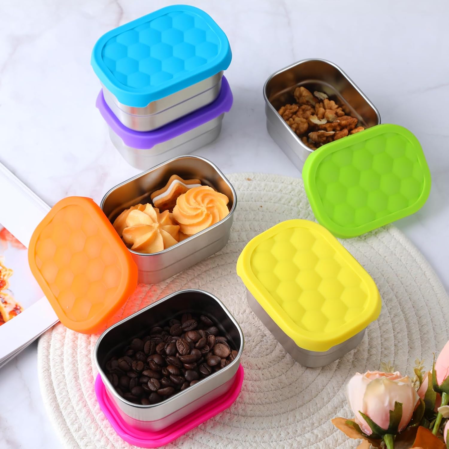 Layhit 6 Pcs Stainless Steel Snack Containers for Kids, 8 oz Lunch Containers with Silicone Lids Small Reusable Metal Food Box for Child Daycare School Home Storage Supplies(Vivid Color) - Image 4