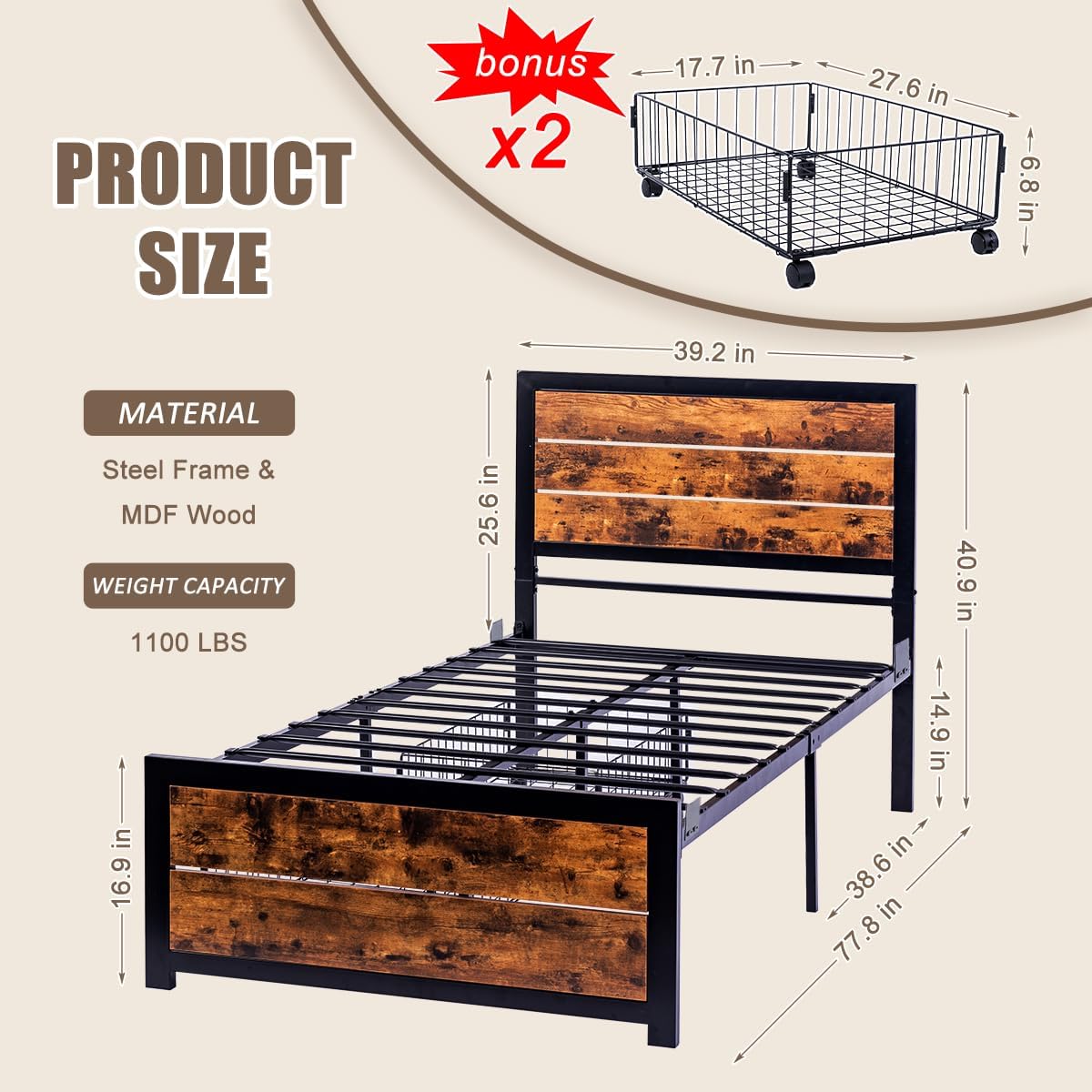 WAYTRIM Twin Platform Bed Frame for Teens, Industrial Metal Slat Support with Wooden Headboard and Footboard, 2 Underbed Rolling Cart for Kids Adults, No Box Spring Needed - Retro Brown