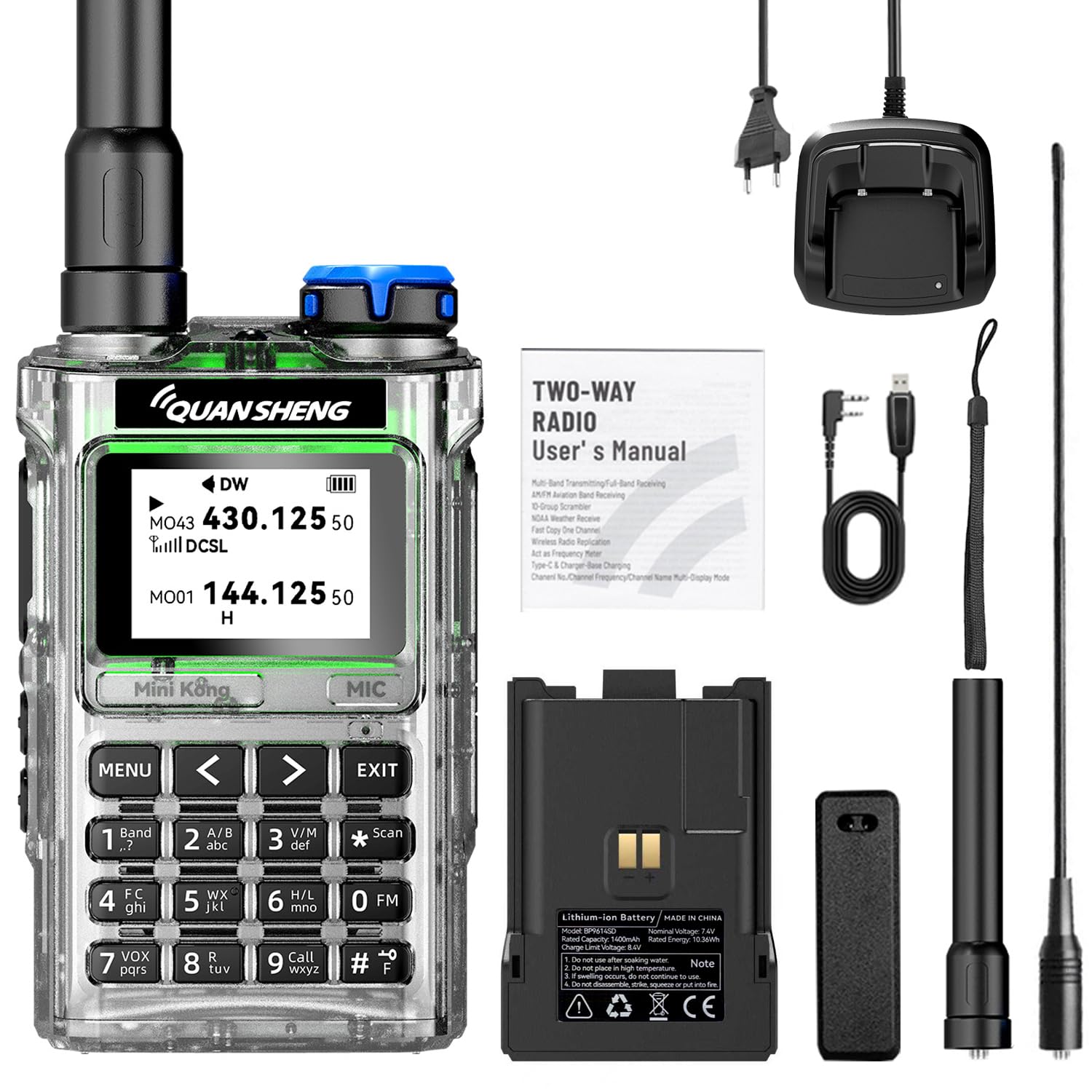 UV-K1 Tragbares Funkgerät, wiederaufladbares Handfunkgerät mit 1400-mAh-Li-Ion-Akku, Typ-C-Ladung, 200 Kanäle, VOX, Scan, UKW-Radio, Notfallalarm, Handfunkgerät für Outdoor- und Arbeitseinsatz