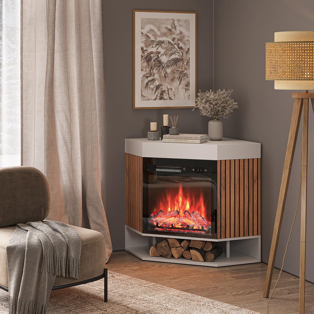 Vicco Caminetto elettrico "Lynea", Bianco, 100 cm con effetto fiamma realistico e riscaldatore da 1800W, installabile a parete con telecomando e temperatura regolabile