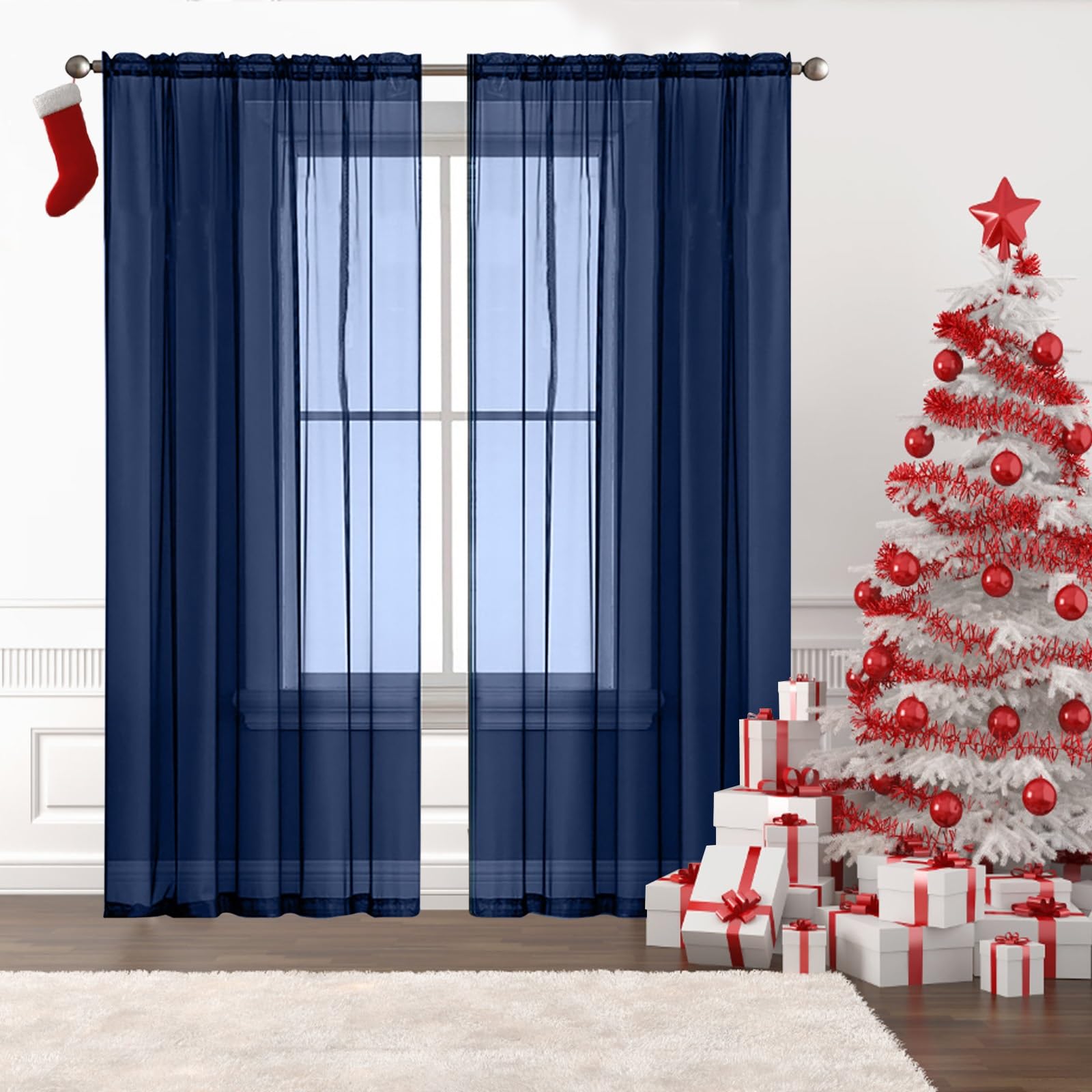 GAIFNAG Woven Voile Gathering Tape Curtain 150 x 170 cm Super Soft Thermal Insulated Window Treatment Voile Window Curtain for Apartment/Hotel Dorm, Navy Blue