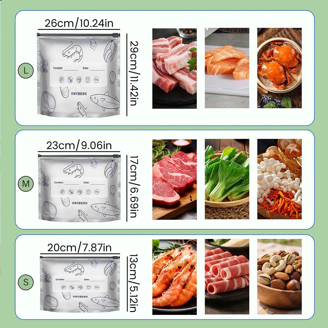 Bolsas de Aluminio Reutilizables para Almacenar Alimentos, Bolsas de Almacenamiento con Cierre Zip y Etiqueta, Bolsas Herméticas y Gruesas para Congelador, Verduras, Frutas y Carne (100 PCS,S+M+L)