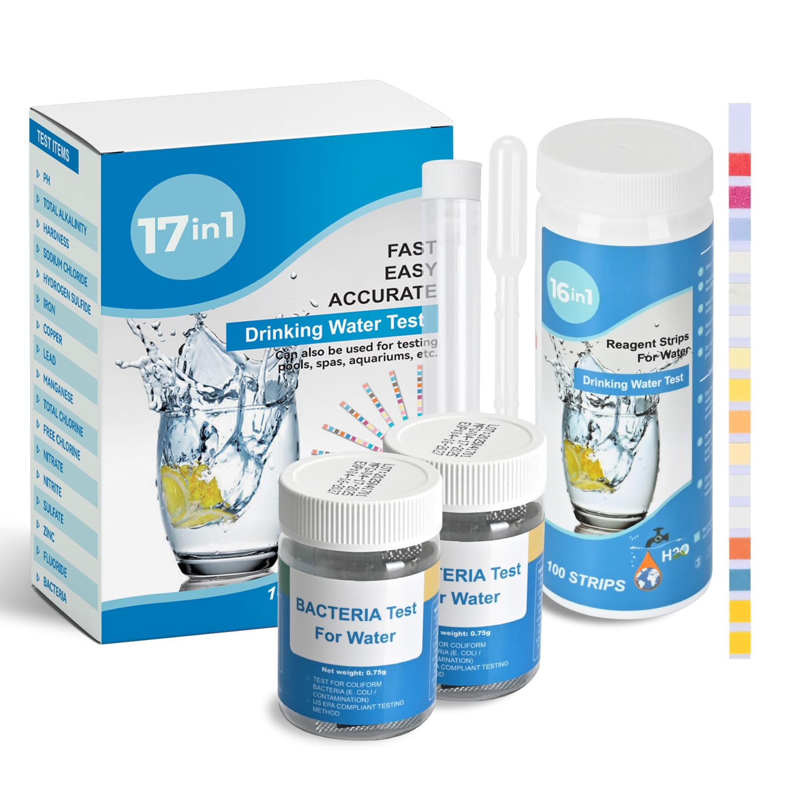 Strisce reattive acqua potabile 17 in 1 (100 strisce con 16 parametri e 2 test batteri), analisi completa qualità acqua pH, durezza totale, cloro libero, fluoro e altro per piscine
