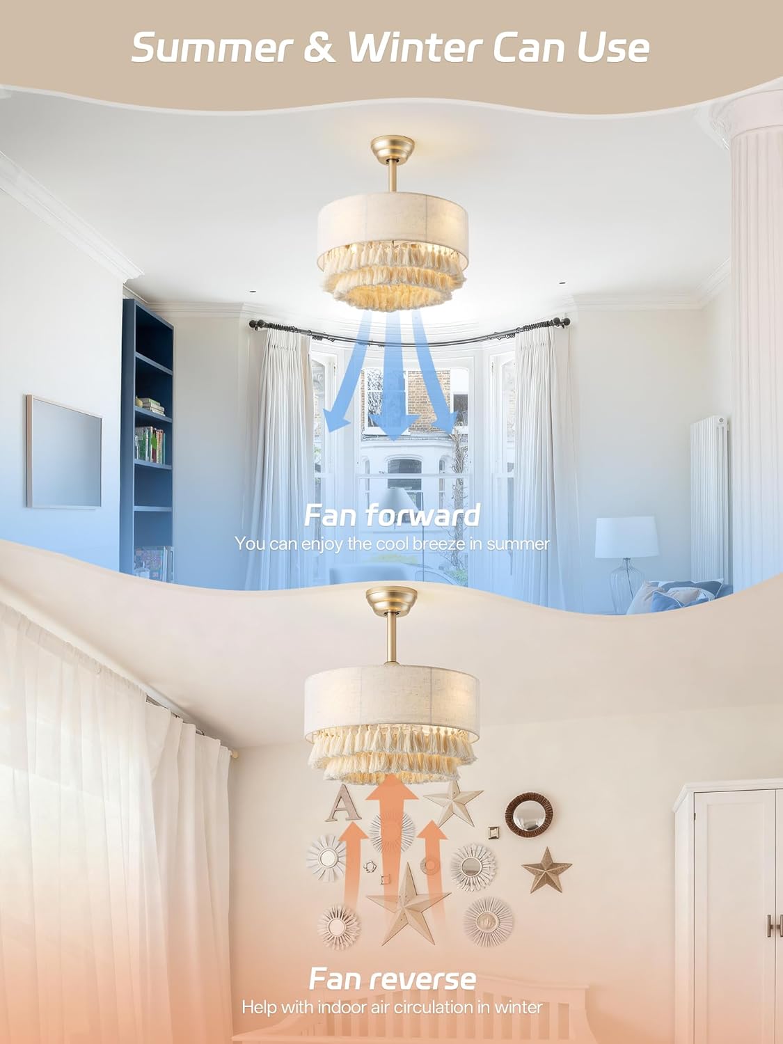 20" Gold Boho Fandelier Ceiling Fan with Light, Gold Boho Chandelier Ceiling Fans with Lights Remote Control, Caged 6-Speed for Bedroom, Nursery, Living Room