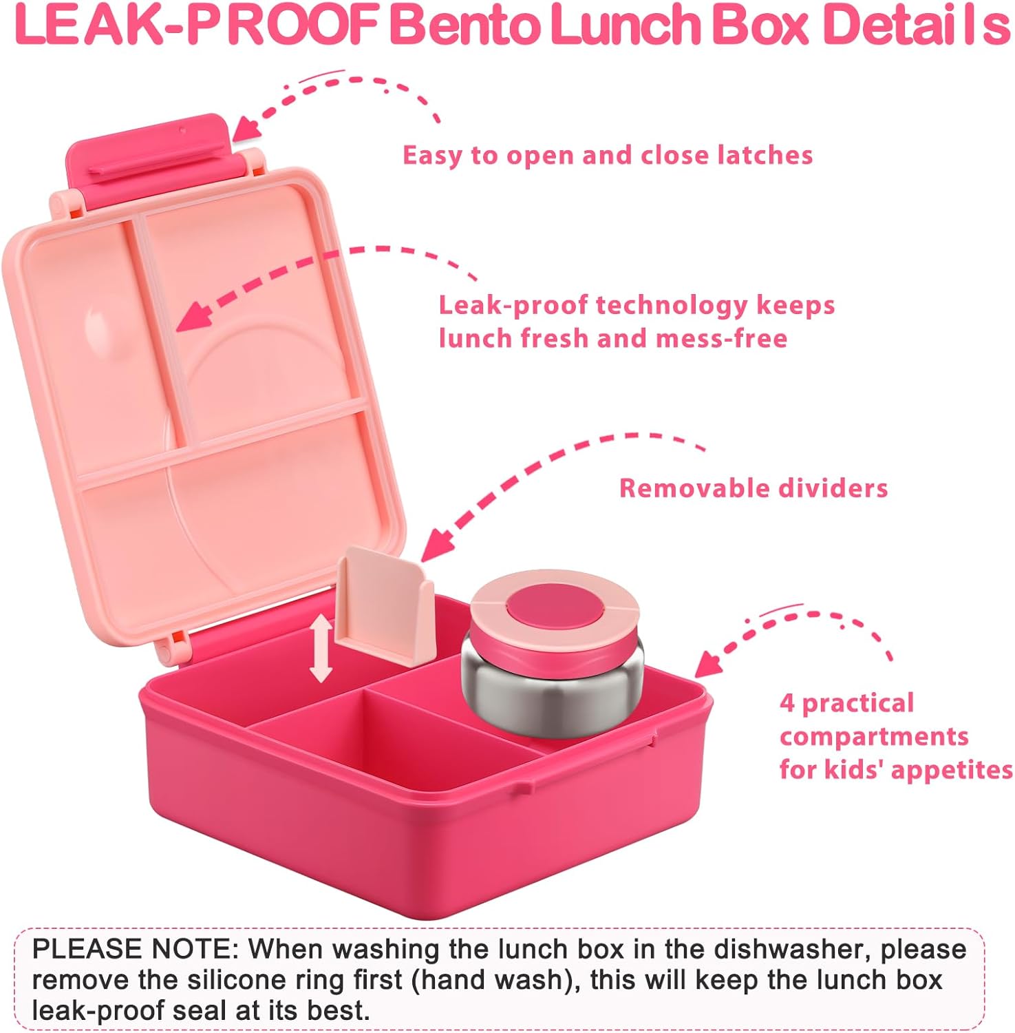 Bento Lunch Box Set for Kids with 8oz Soup Thermo, Leak-Proof Lunch Containers with 4 Compartment, Kids Thermo Hot Food Jar and Insulated Lunch Bag for Kid to School-Pink - Image 5