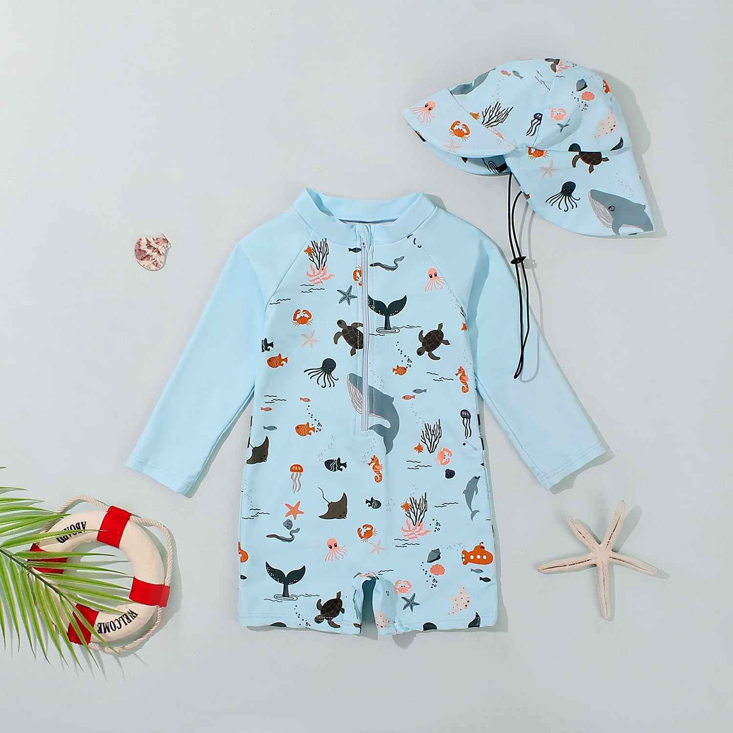 Bébé Garçon Maillot de Bain Une Pièce Imprimé à Manches Longues Protection Anti-UV Rashguard avec Fermeture Éclair et Chapeau d'Été 2 Pièces Ensemble