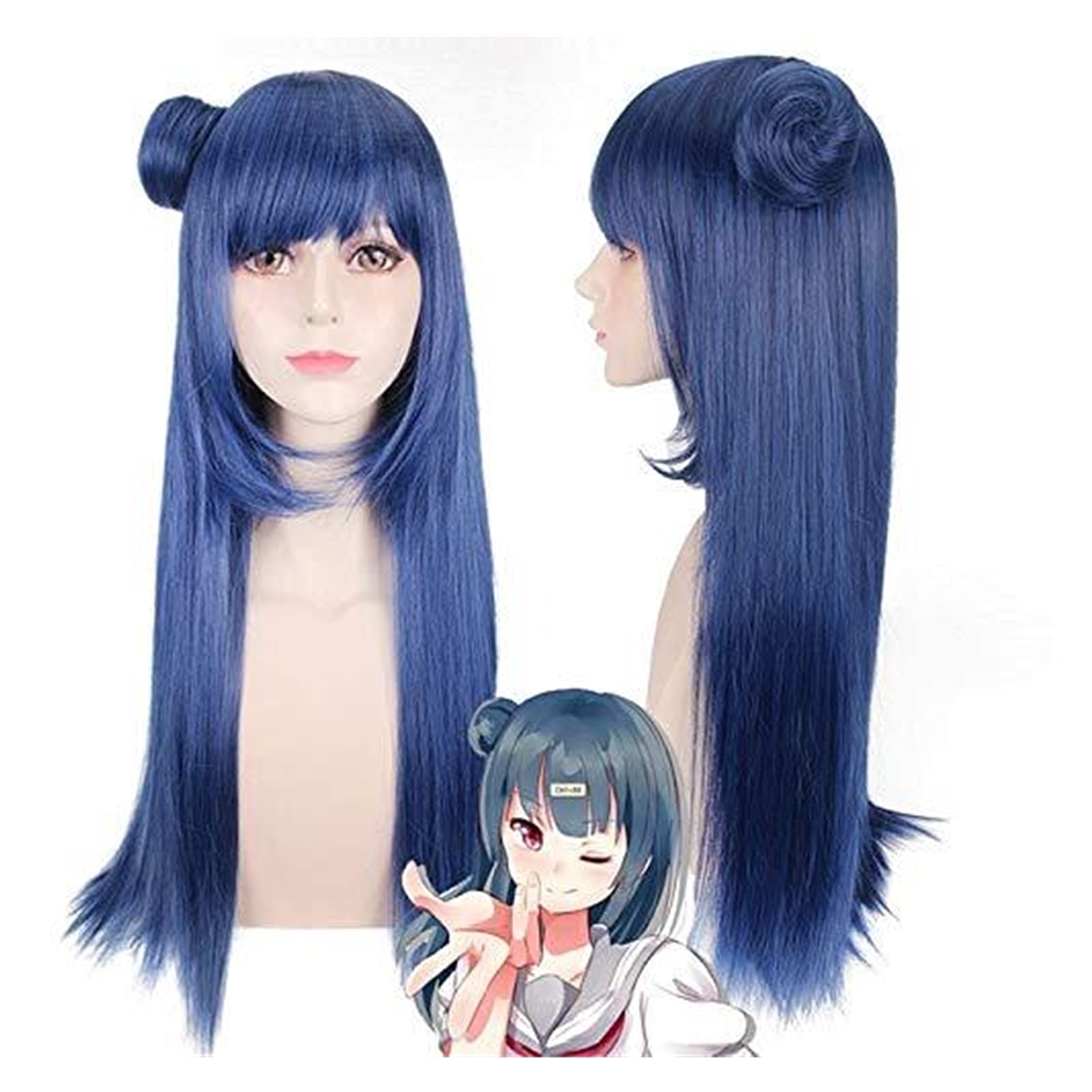 Anime LoveLive! Tsushima Yoshiko Cosplay Wig for Halloween Party Love Live Synthetic Hair with A Bun Tsushima Yoshiko Blue Wigs One Size Tsushima Yoshiko 641 Women Wigs