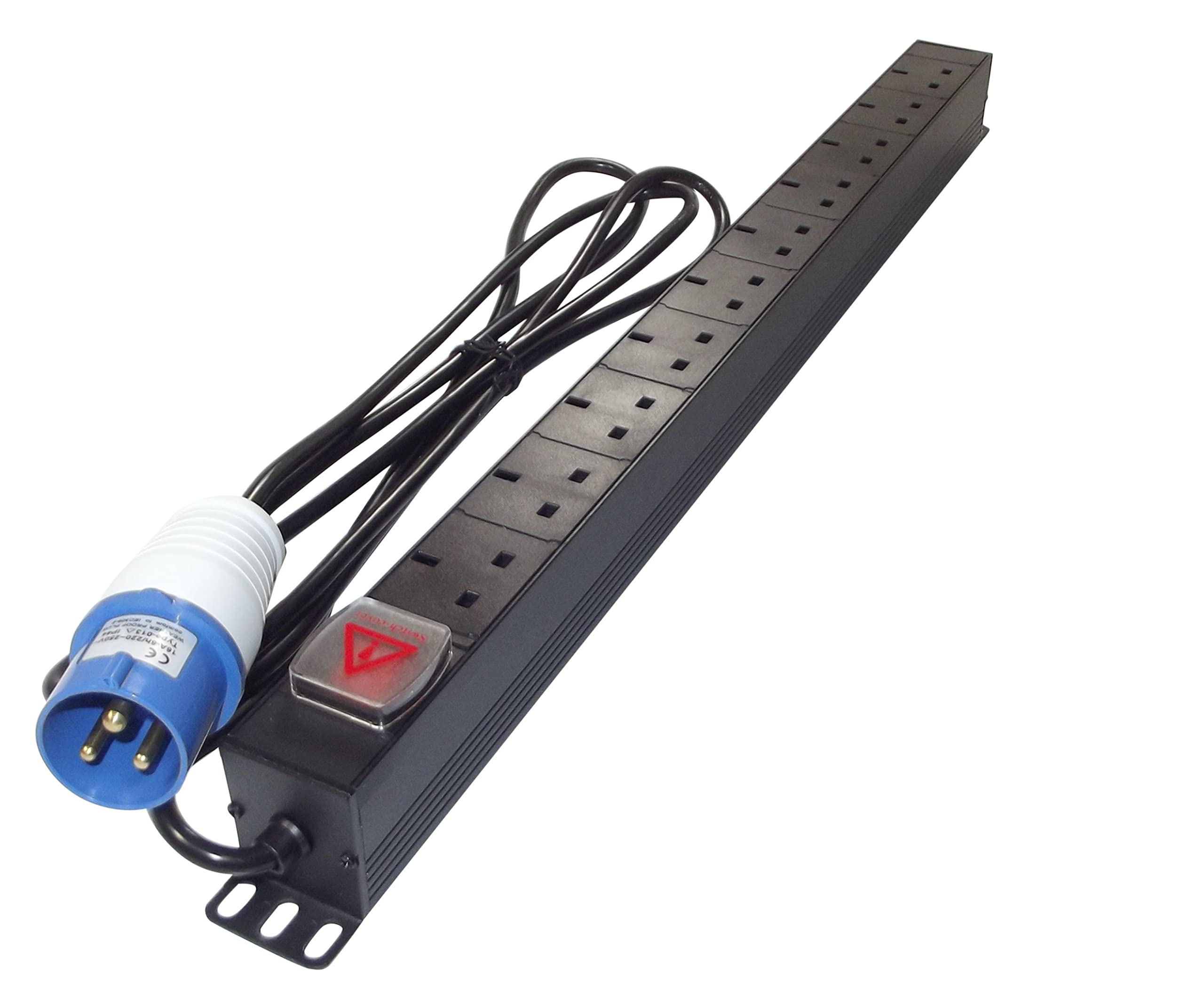 10 Way UK PDU to 16A "Commando" PLUG 3m Lead Vertical Mount for Data/Comms Cabinets