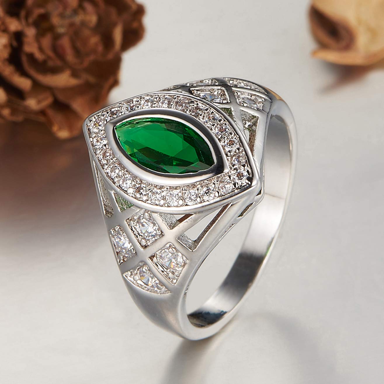 Emsione 925 Sterling Silver Plated Cubic Zirconia Marquise Cut CZ Halo Band Ring Wedding Engagement Eternity Ring for Women Men