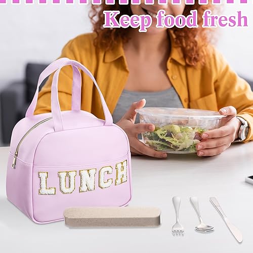Miniatura 5 de Sanwuta Juego de 5 fiambreras moradas preppy para adolescentes y mujeres, bolsa de almuerzo aislada de cuero con utensilios, caja térmica Bento para