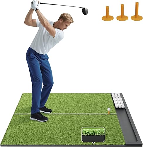 Alfombrilla de golf con bandeja de pelotas, 5 x 4  6 x 4 pies, 1.024 in  1.220 in de grosor, césped Pro & Elite con línea de camino de columpio,