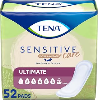 TENA Sensitive Care Ultimate Long Incontinence Pads for Women - Extra Coverage, Postpartum Bladder Control, Dermatologist Approved, 52 Ct