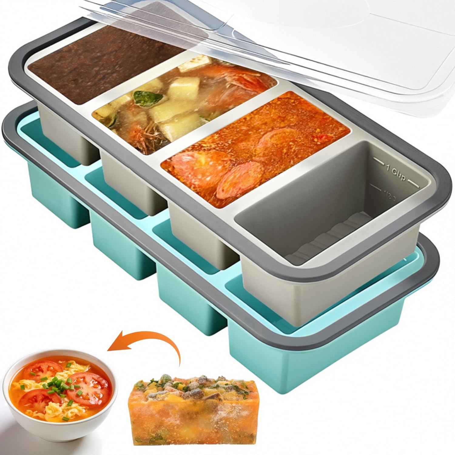 2 Pack Silicone Soup Freezer Containers with Lids, Soup Freezer Mold, Ice Trays for Freezer, Ice Cube Tray for Storing 250mL/125mL Broth, Soup, Leftovers, Sauce, Makes 8 1-Cup Portions Cubes