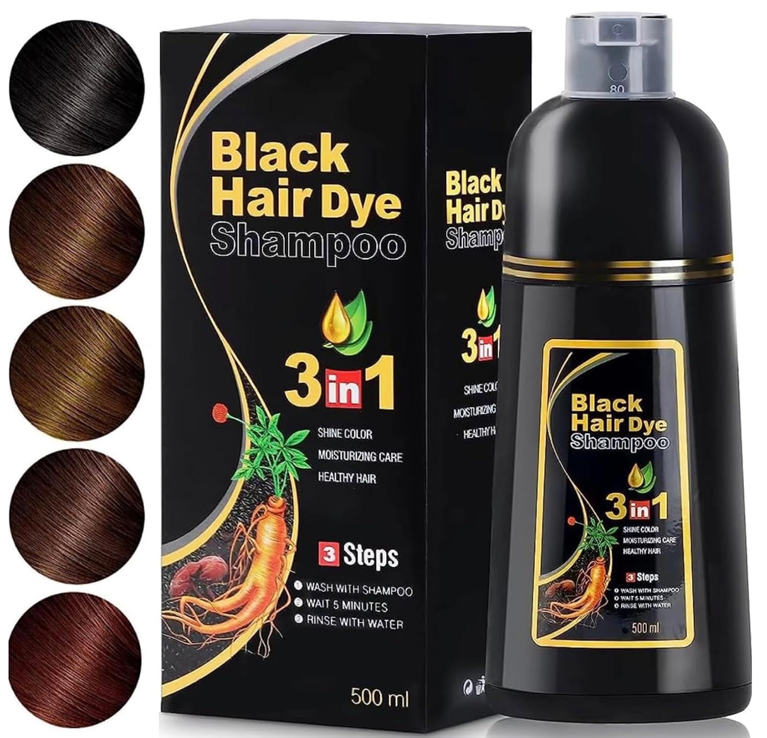500ML Permanent Black Hair Color Dye Shampoo - Organic Natural Plant Essence for Women & Men, Covers Gray/White Hair, Instant 3-in-1 Hair Colouring Herbal Shampoo, 17 Fl Oz (BLACK)