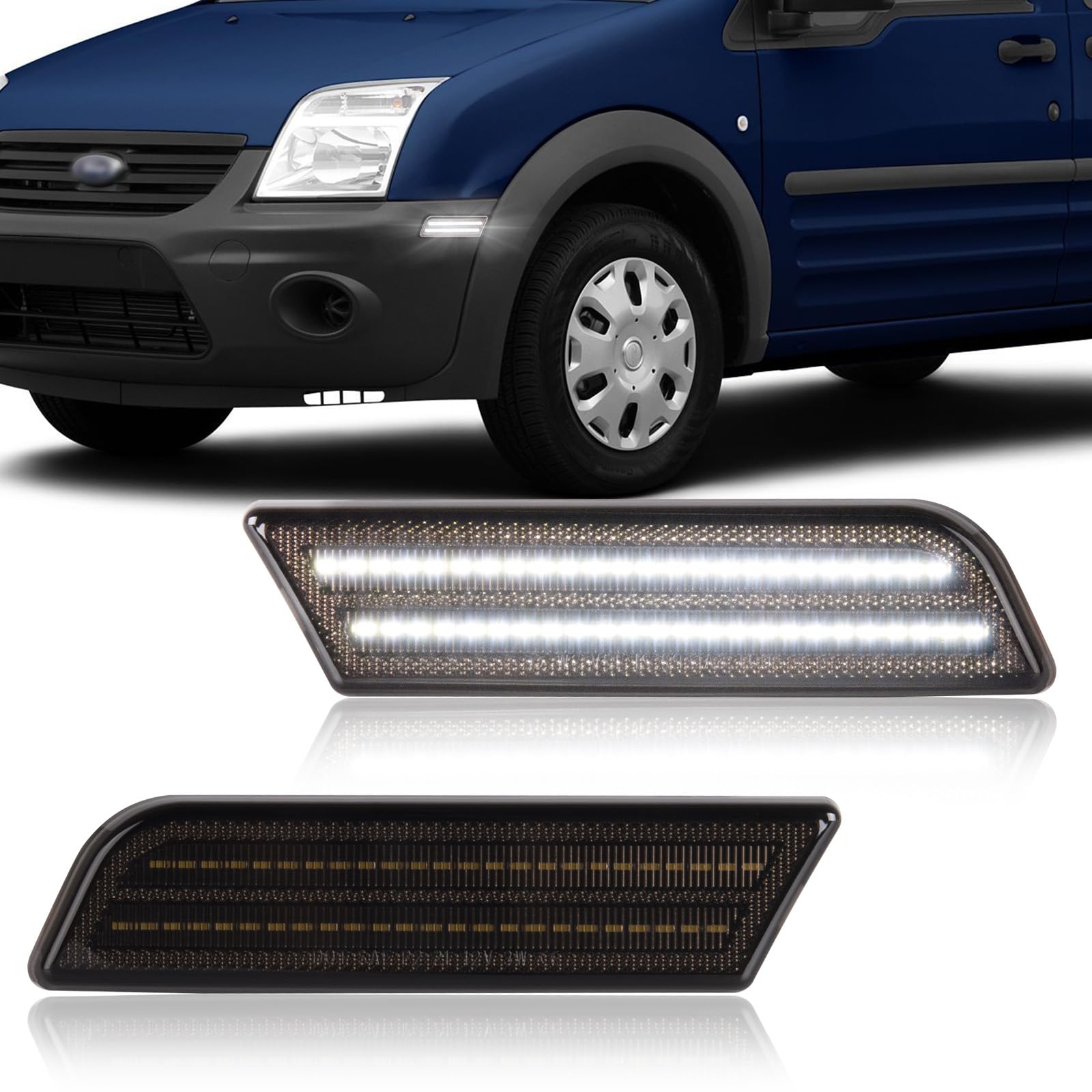 Gempro White LED Side Marker Lights Compatible with Ford Transit Connect 2010-2013 Front Bumper Marker Reflectors Lamps Smoked Len, 2PCS