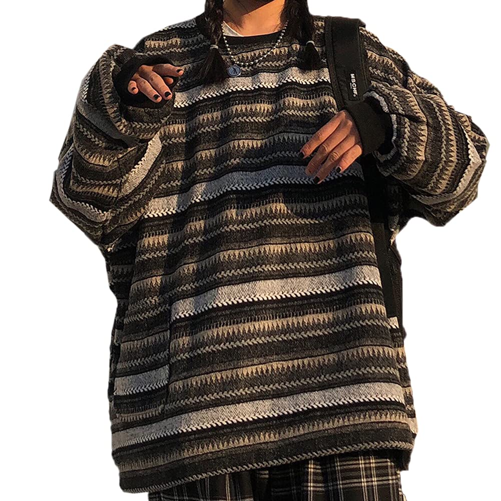 Women Harajuku Striped Sweater Pullover Oversize Plus Size Retro Knitted Sweatshirt Long Sleeve Tops