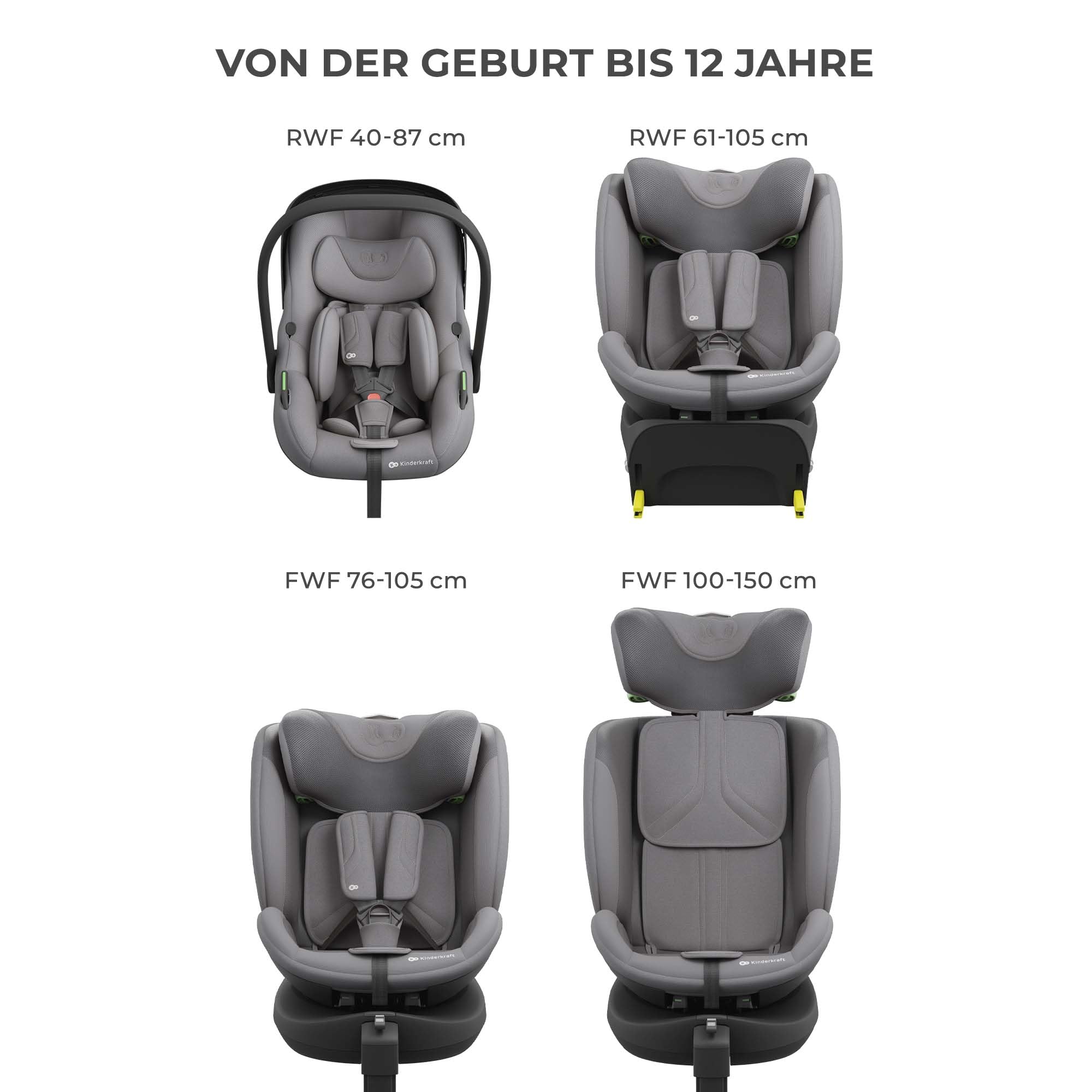 KINDERKRAFT ENDURA SAFE MODULAR SYSTEM, 3in1, für Kinder und Säuglinge, Autokindersitz, drehbare Basis (90°), ultraleicht (3,2 kg), Premium-Polsterung, Kopfschutzsystem, Grau