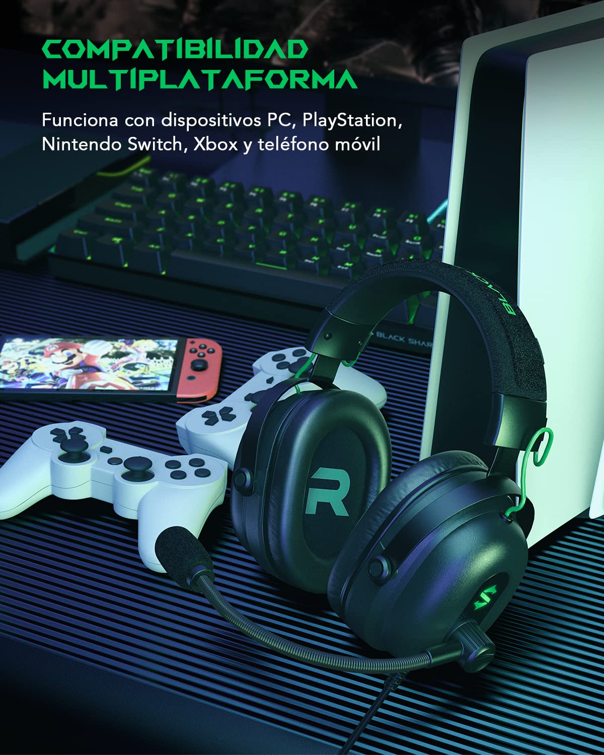 Black Shark Cascos Gaming con Cardioide Cancelación Ruido, Auriculares Gaming para PC, PS4, PS5, Xbox, Switch, Controladores Dinámicos de 50 mm, Over-Ear Cascos con microfono y Luz LED