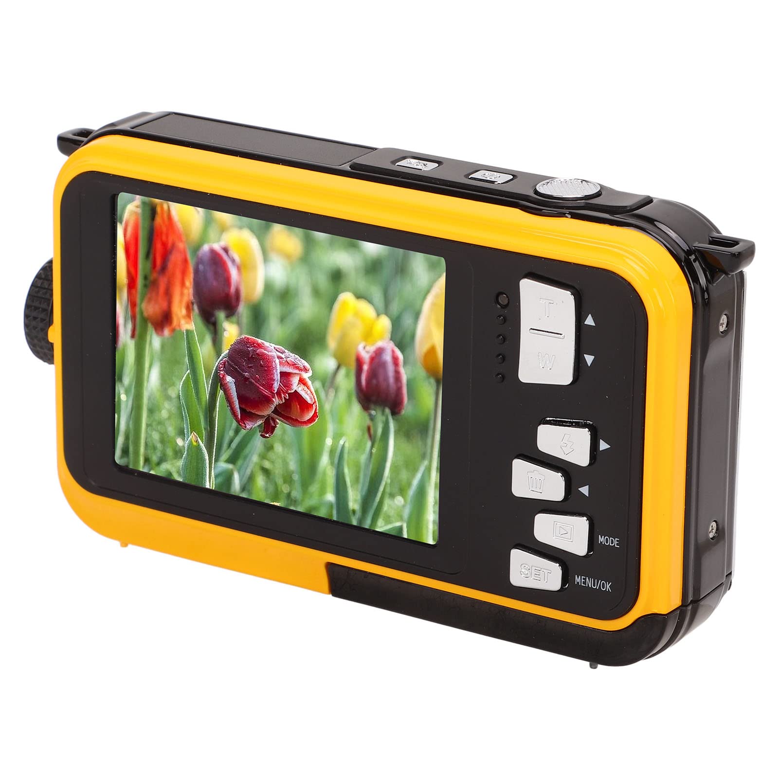 Fotocamera Subacquea, Fotocamera Digitale Impermeabile da 2,7K 48MP 10 Piedi, Zoom Digitale 16X, Fotocamera Subacquea Selfie a Doppio Schermo per lo Snorkeling (YELLOW)