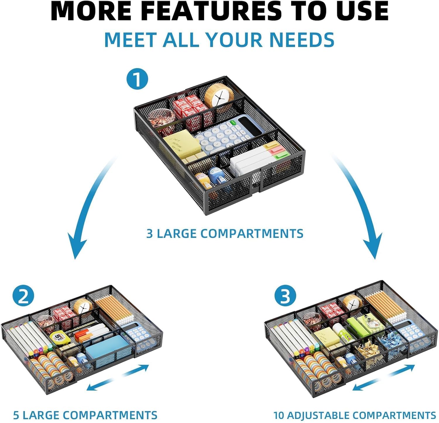 Marbrasse Desk Organiser Drawers,Mesh Tray with 10 Adjustable Compartments,Desk Accessories & Storage,5 Dividers Drawer for Office Supplies,Makeup Houseware(Black) 6 71WQYj9mW7L. AC SL1500