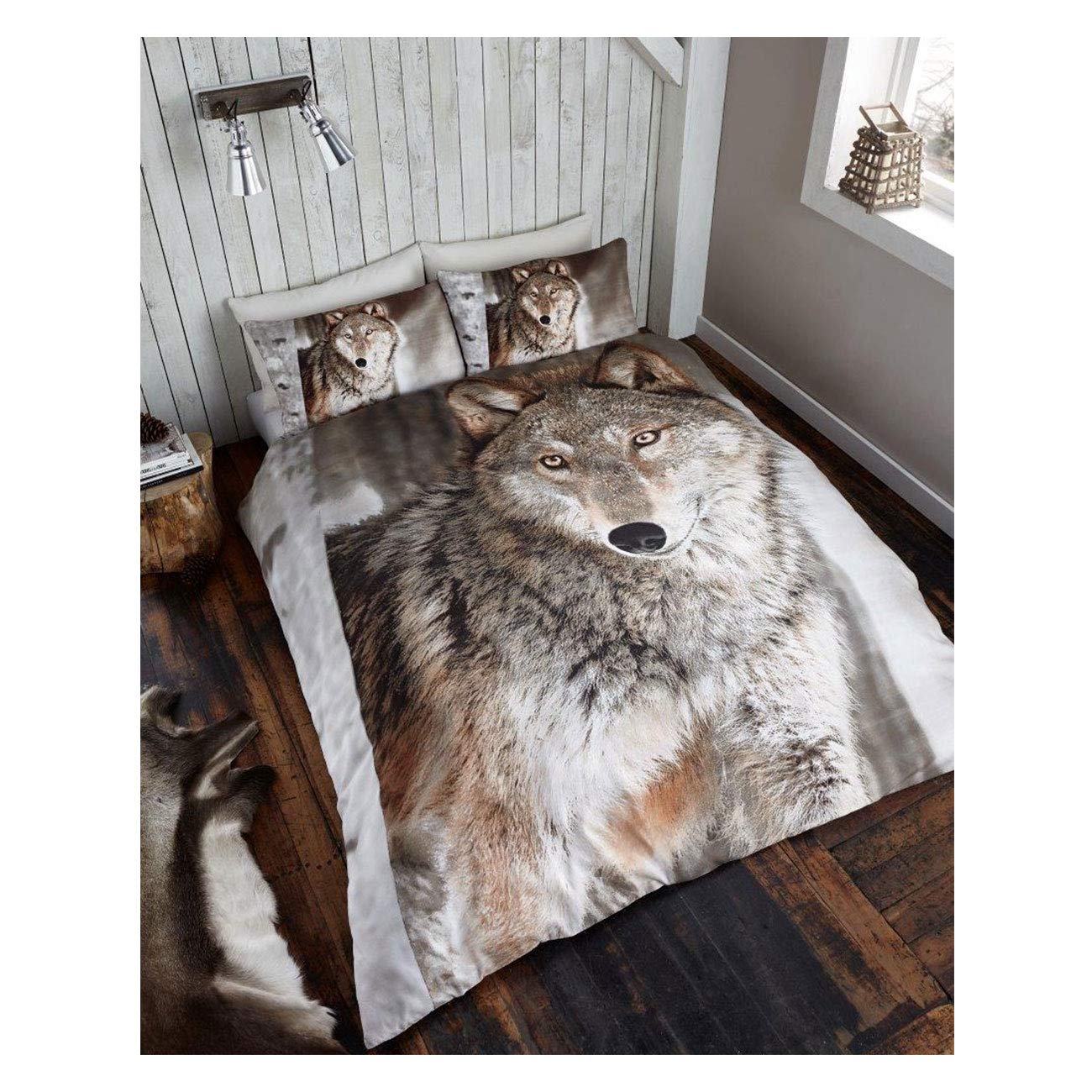Lions Animal Print Bedding Set, Luxury 3D Printed Microfibre Duvet Cover Sets with Pillowcase, 100% Polyester Reversible Quilt Covers, Wolf, Double Bed Size, 200x200cm
