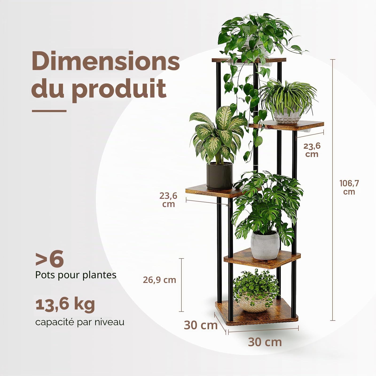 Bamworld - Support pour plantes d'intérieur de grande taille avec lampe de croissance - Support d'angle pour plantes d'intérieur avec 5 niveaux en métal et bois avec lampes de croissance pour salon