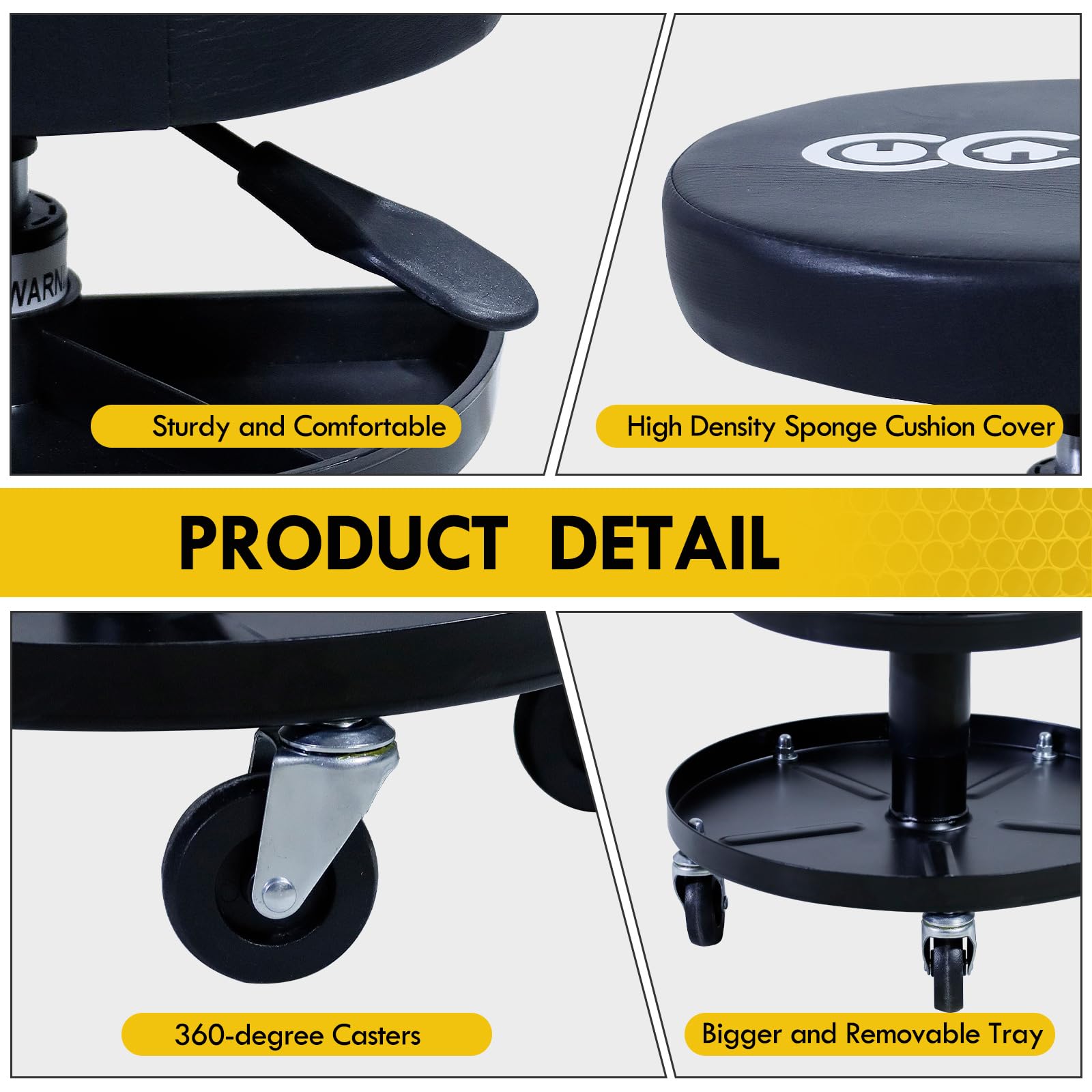 CCLIFE Taburete de Taller con Ruedas y 2 Bandejas MAX. 150 kg Taburete de Altura Regulable 38-50 cm