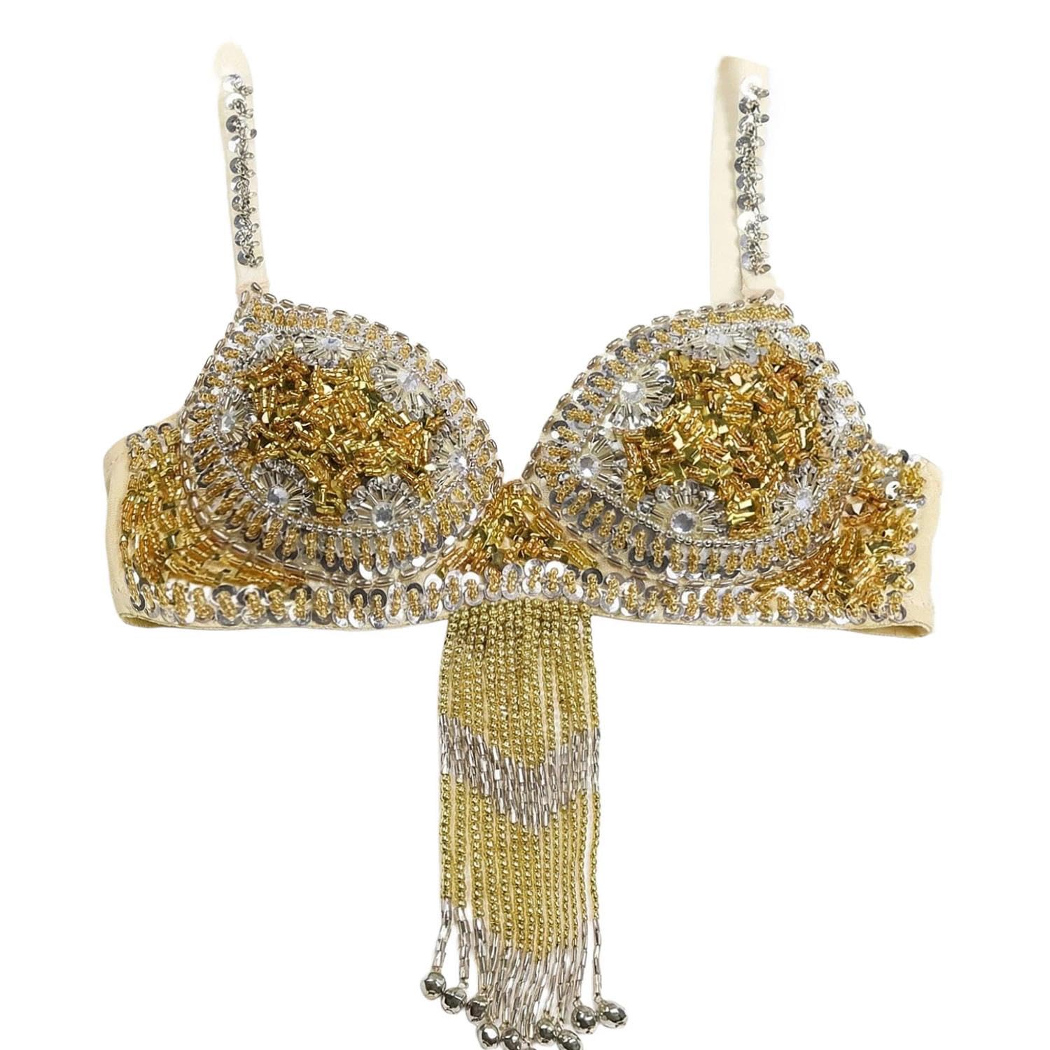 Sujetador de danza del vientre con cuentas brillantes para mujer, top corto con flecos y campanas, disfraz de festival de carnaval
