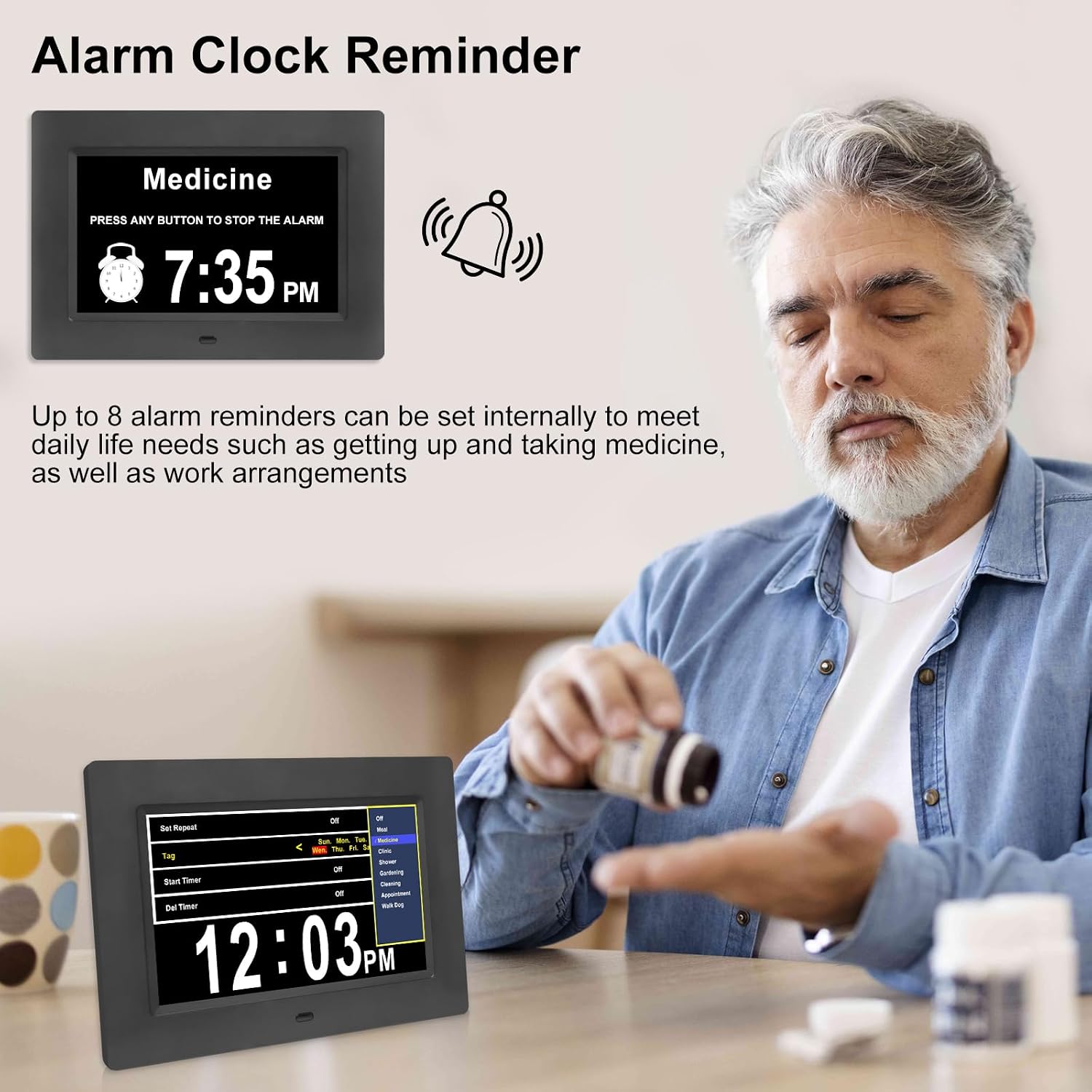 7-Inch Digital Alarm Clock. Displays Time,Day and Month.Features 12 Alarm Settings and 3 Display Modes.Suitable for Elderly Individuals,Those with Memory Impairment or Dementia.Black.
