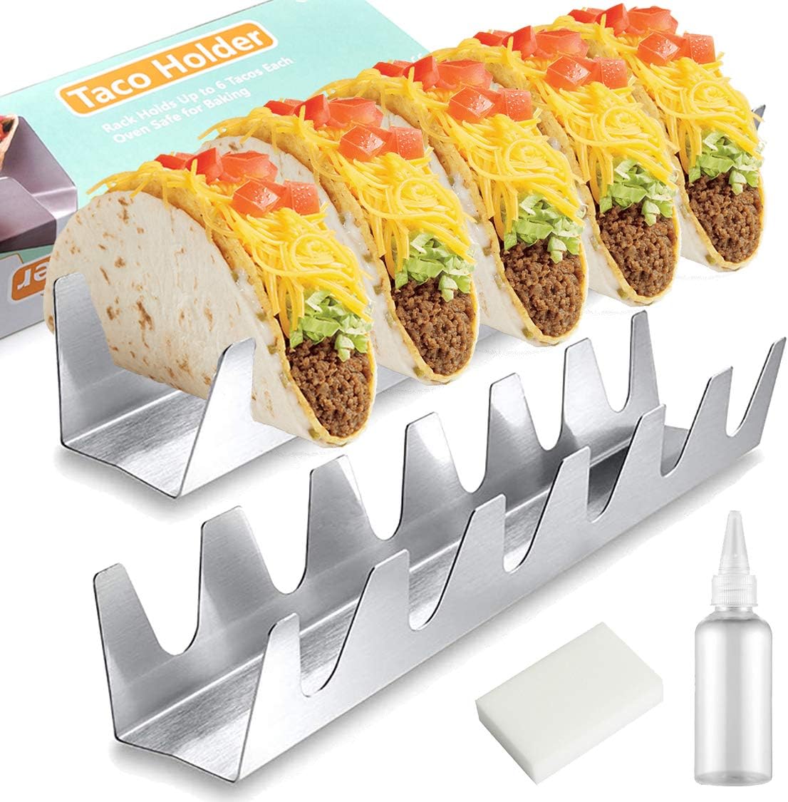 Best Deal Cheap 🛒 Taco Holder Stand 2 Pack Stainless Steel Taco Plate Each Rack Holds Up to 8 Hard or Soft Shell Tacos Easy To Fill Tacos Plates Comes with a squeeze bottle and a cleaning sponge Greatest Product Taco Holder Stand 2 Pack Stainless Steel Taco Plate Each Rack Holds Up to 8 Hard or Soft Shell Tacos Easy To Fill Tacos Plates Comes with a squeeze bottle and a cleaning sponge