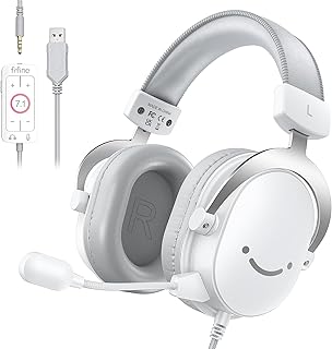 FIFINE USB PC Gaming Headset with 3.5mm Audio Jack, Detachable Microphone, 7.1 Surround Sound, Volume Control, Streaming Over-Ear Wired Headphones for Computer, PS5, Controller, Xbox-H9 White