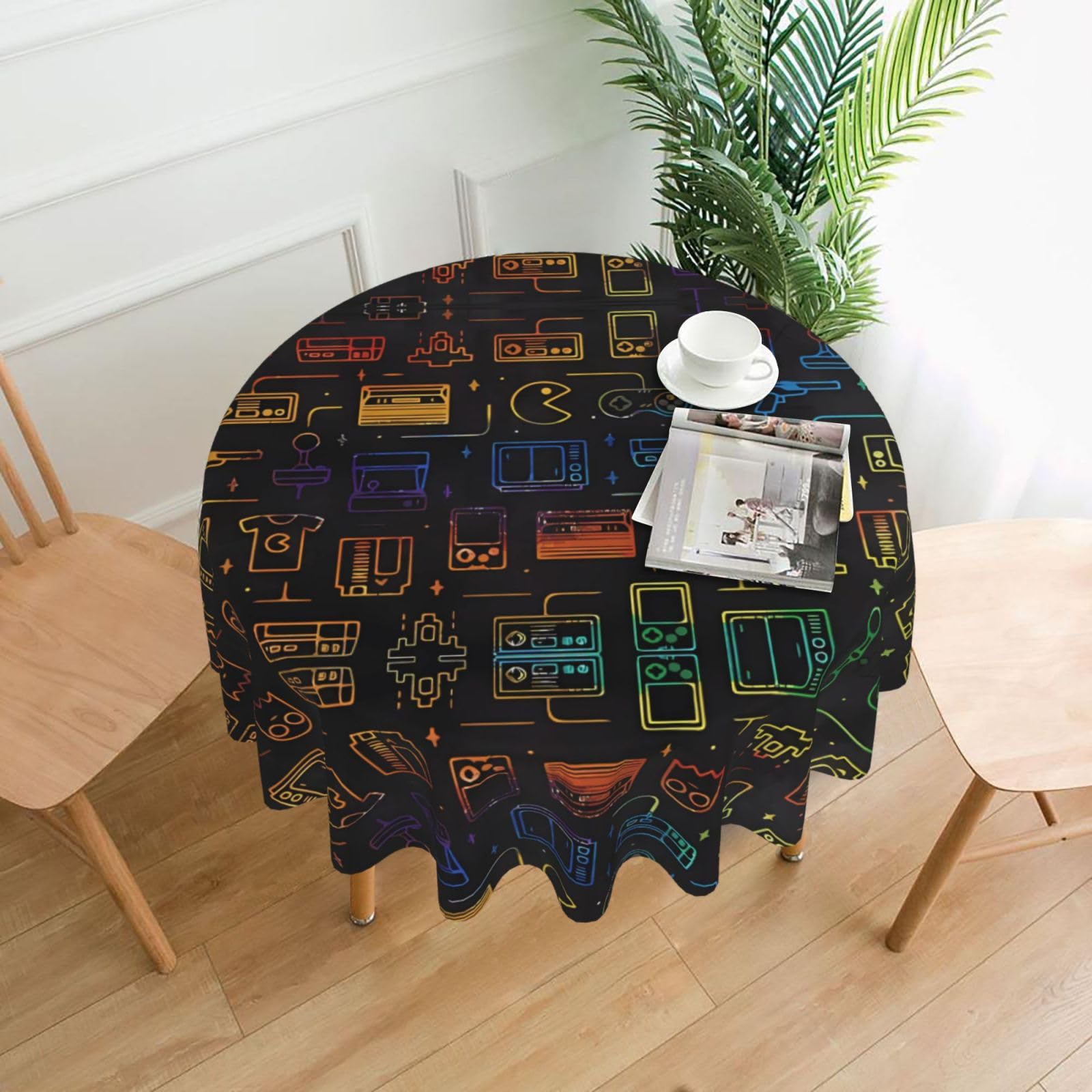 Game Video Gaming Pattern Print Round Washable Tablecloth – Table Cover